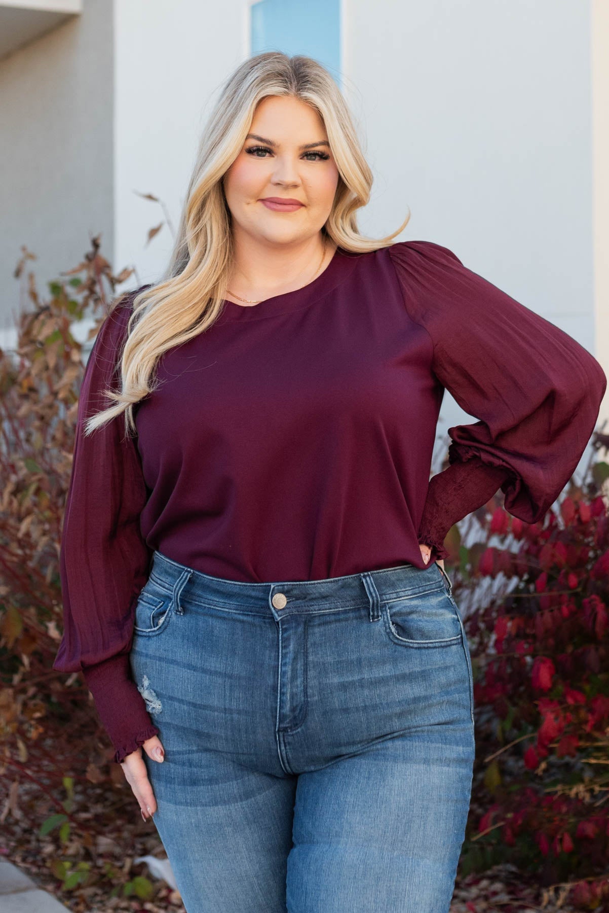 Larae Wine Satin Sleeve Blouse
