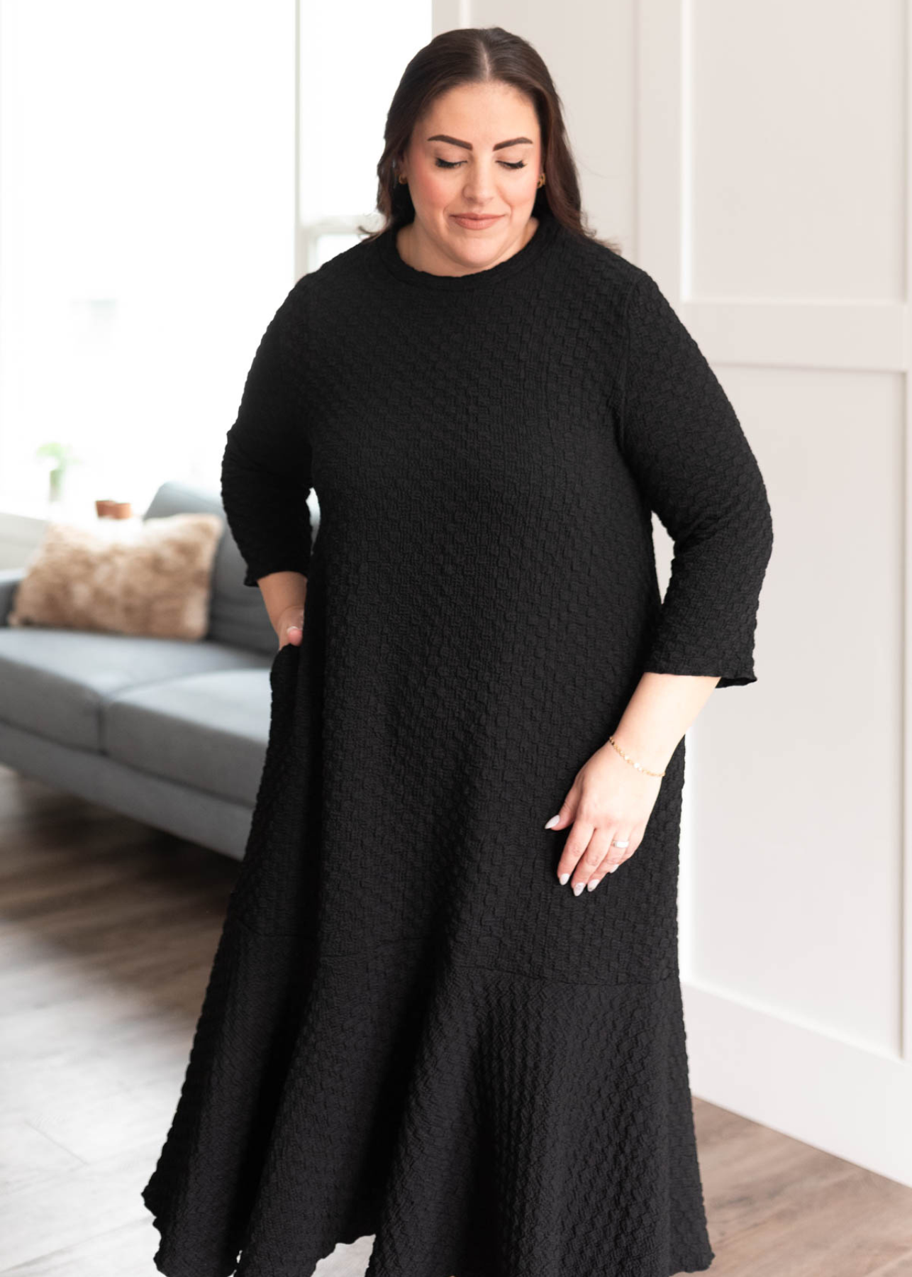 Larene Black Textured Ruffle Hem Dress