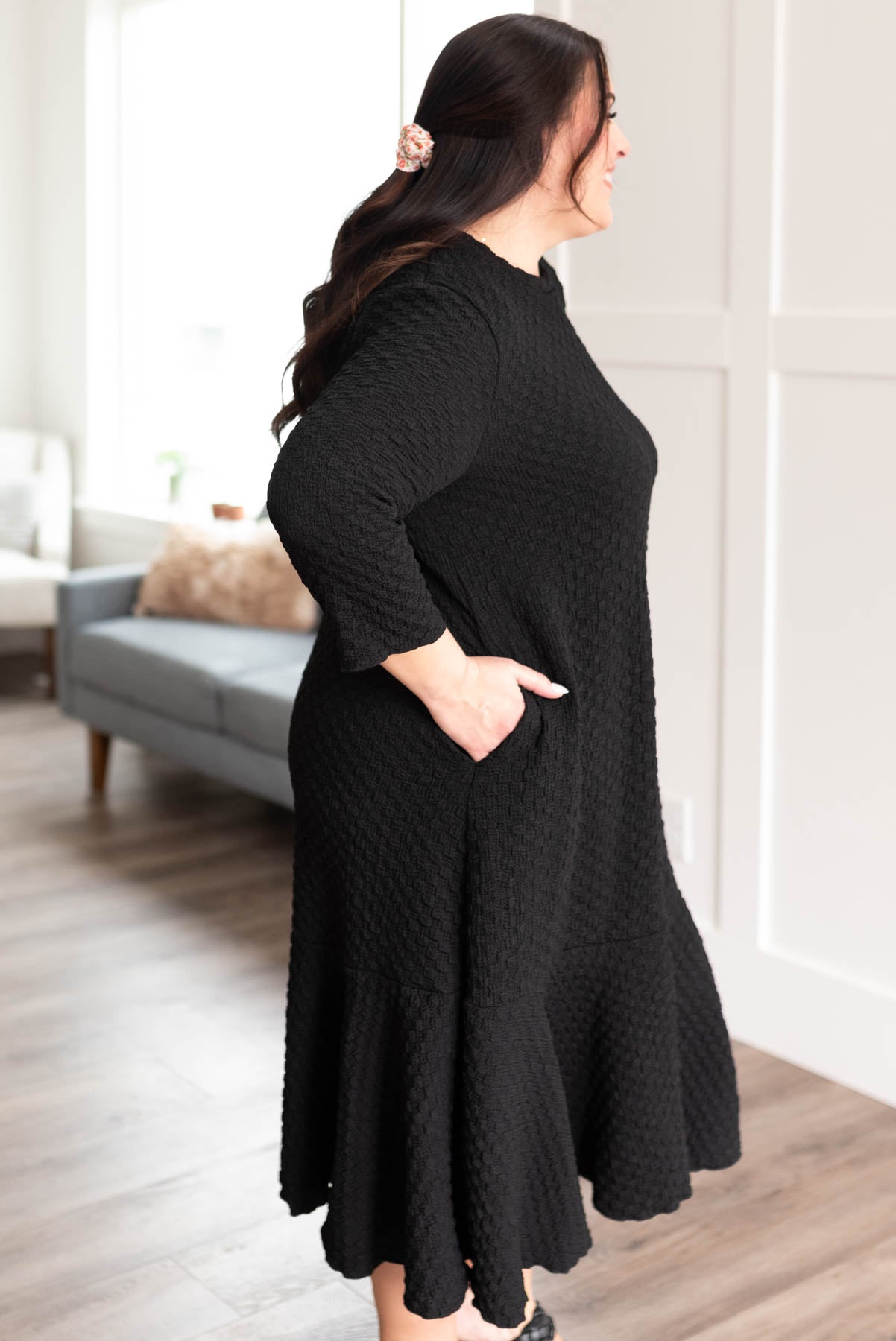 Larene Black Textured Ruffle Hem Dress