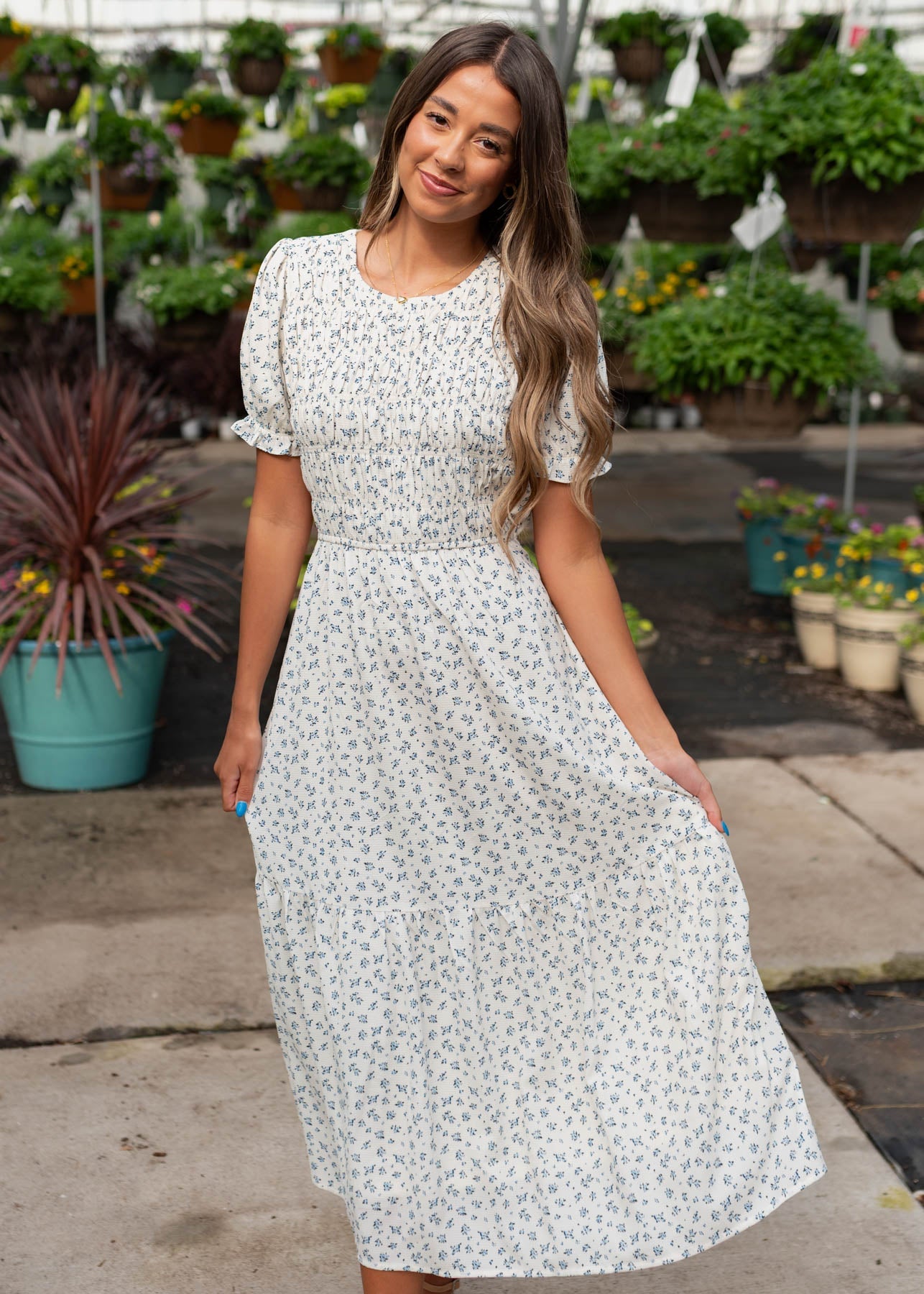 Layla Blue Floral Smocked Dress