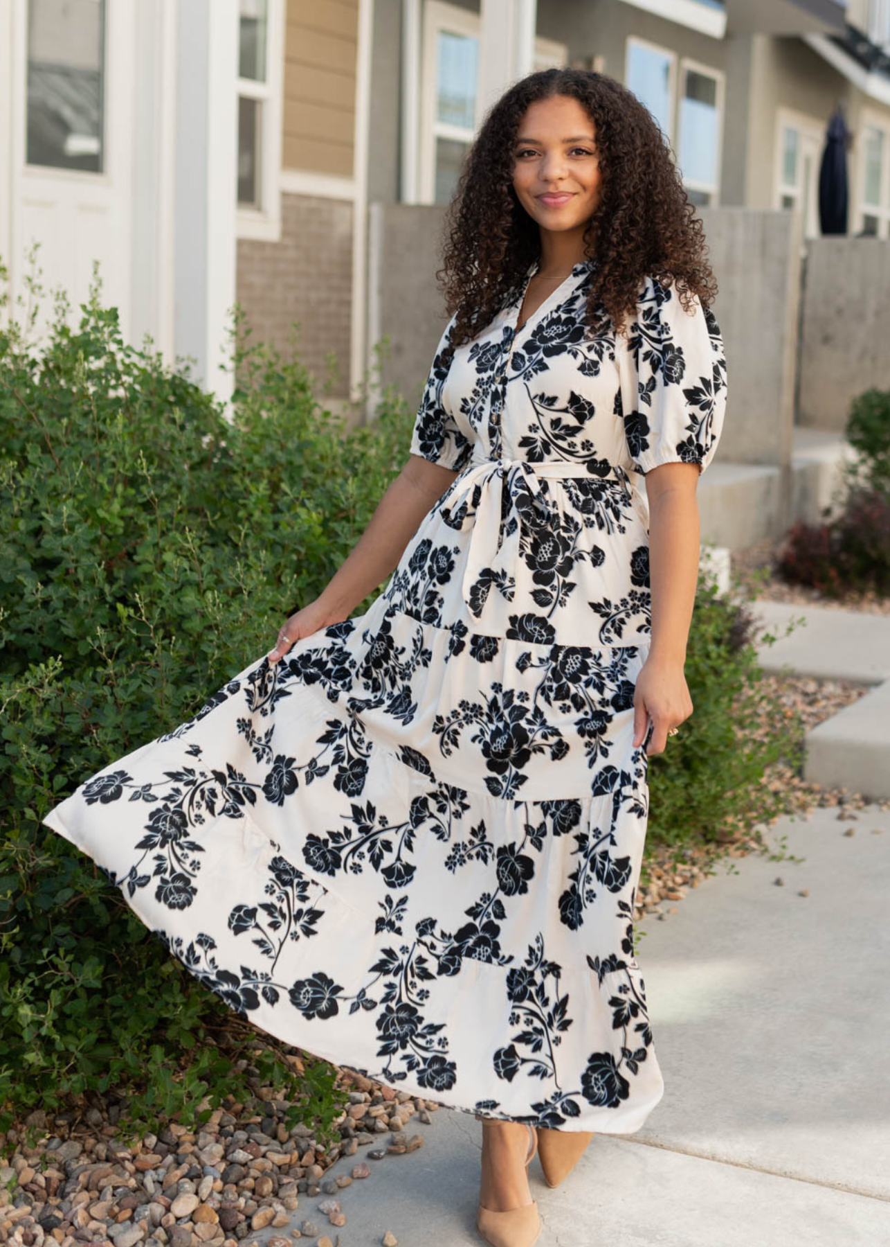 LeAnn Cream Floral Button Tiered Dress