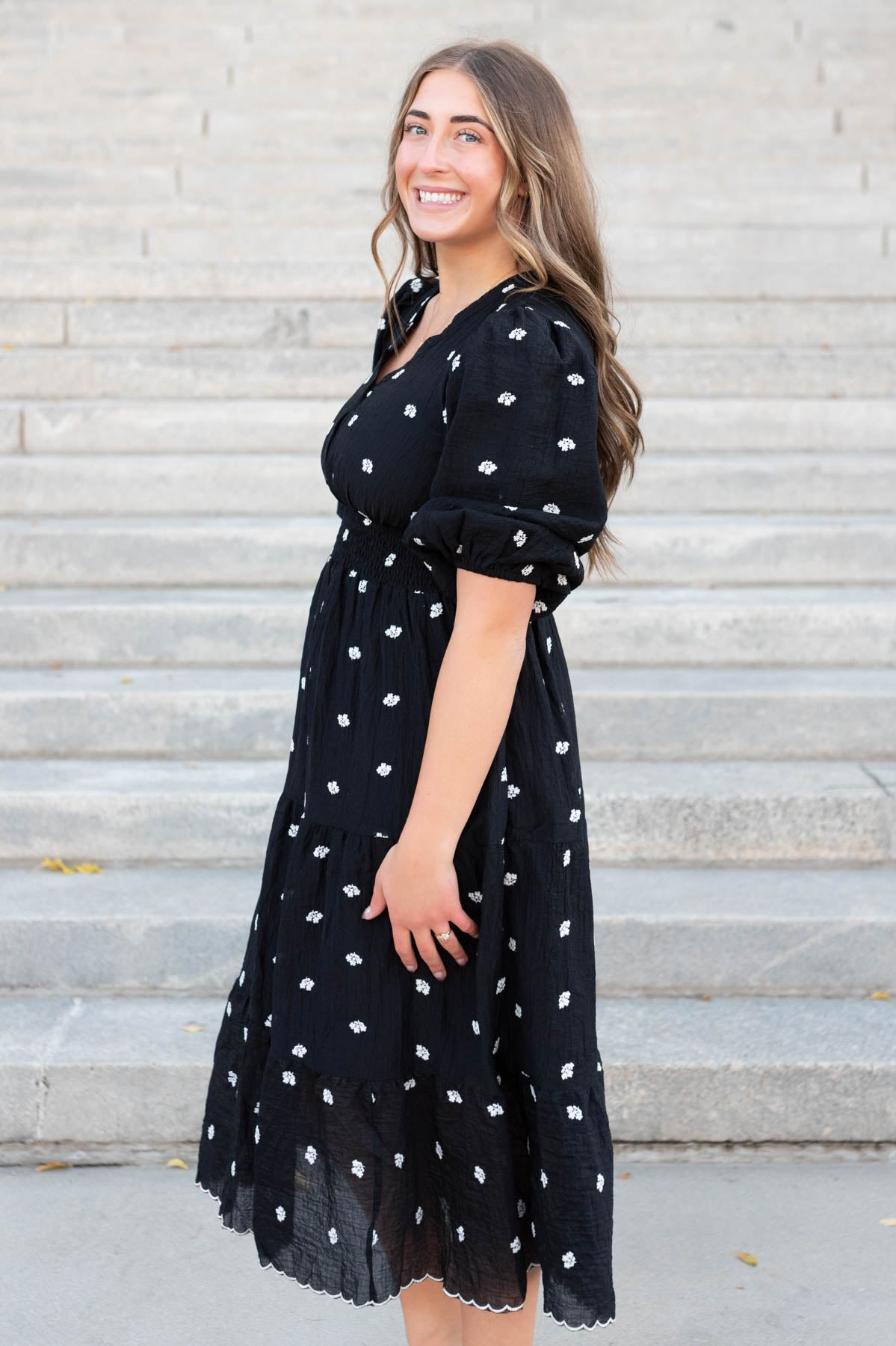 Liz Black Embroidered Button Dress