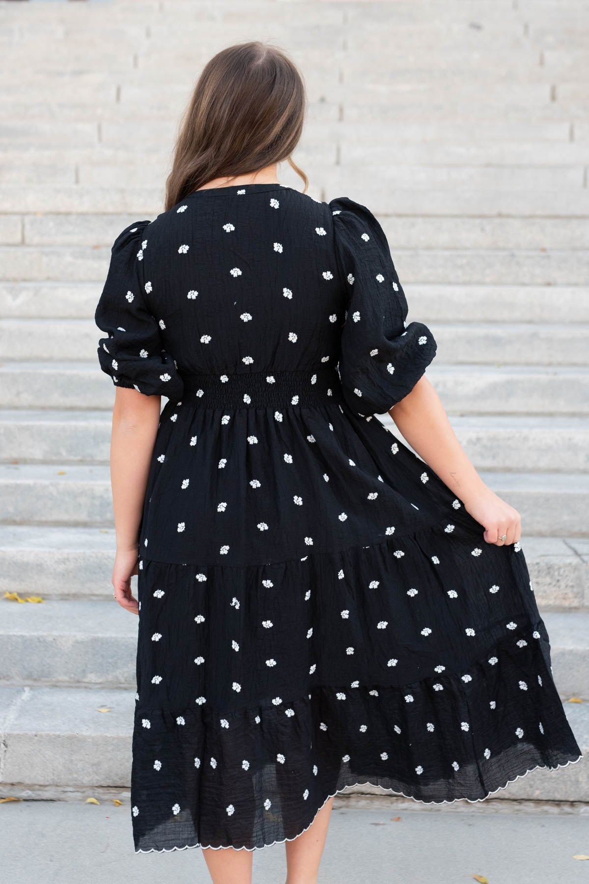 Liz Black Embroidered Button Dress