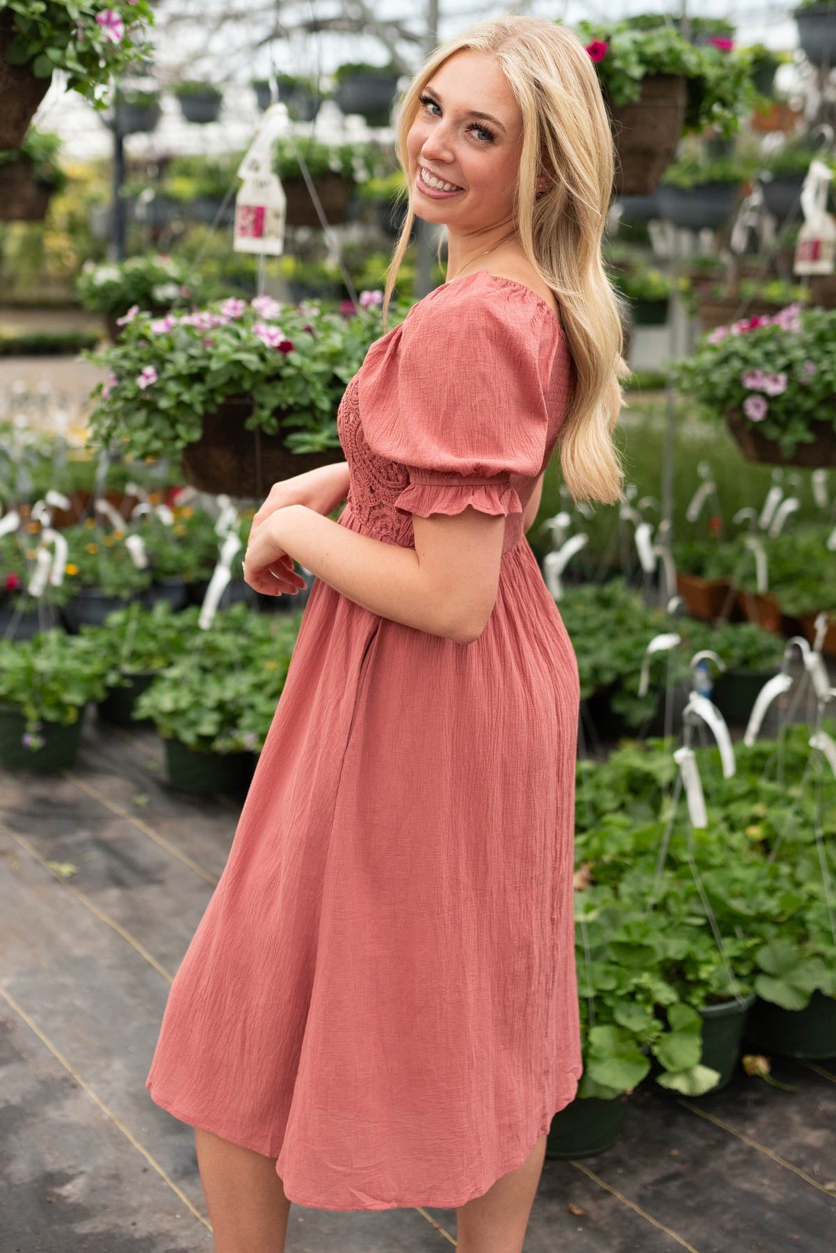 Lorren Dusty Blush Crochet Smocked Dress