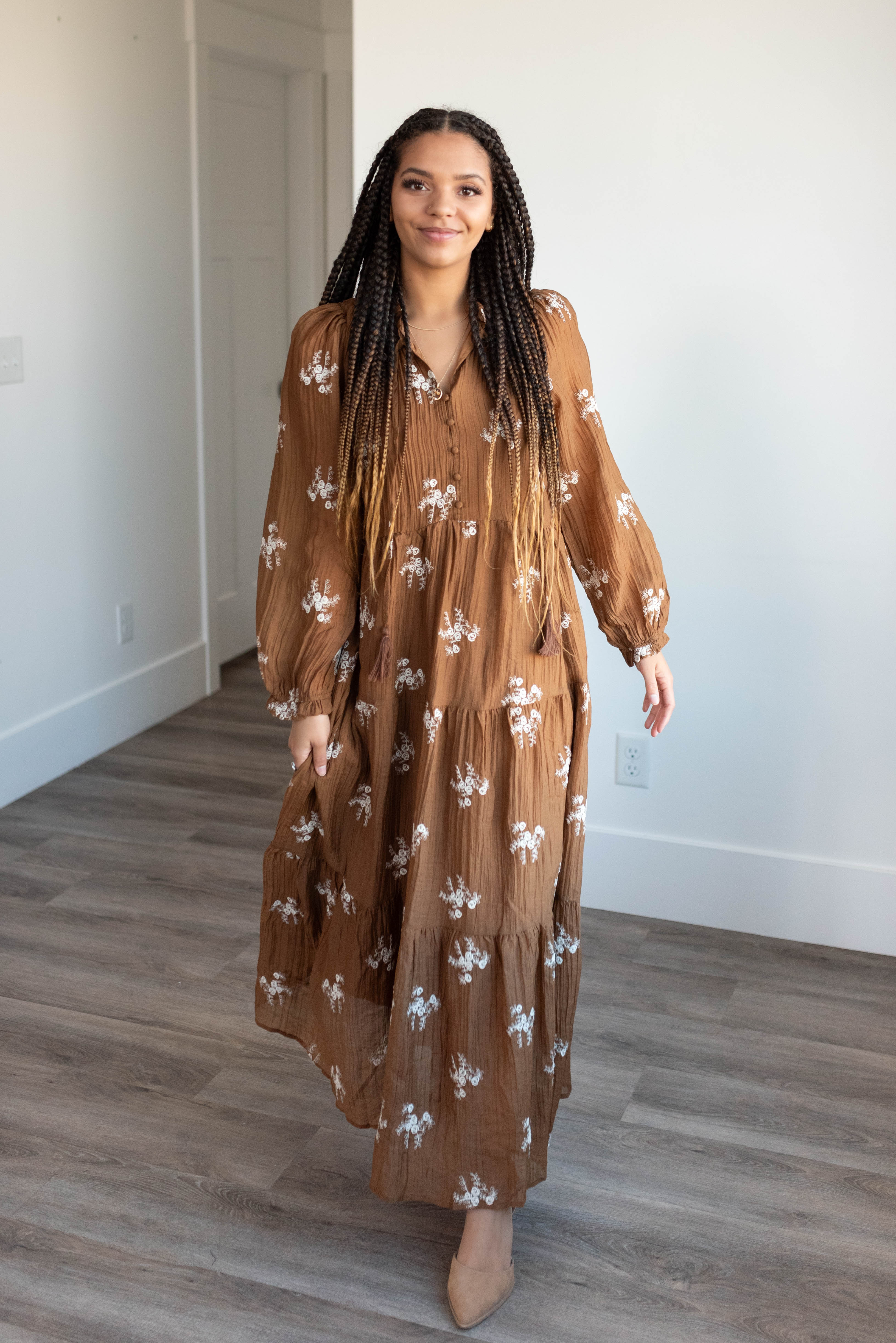 Luna Brown Embroidered Dress