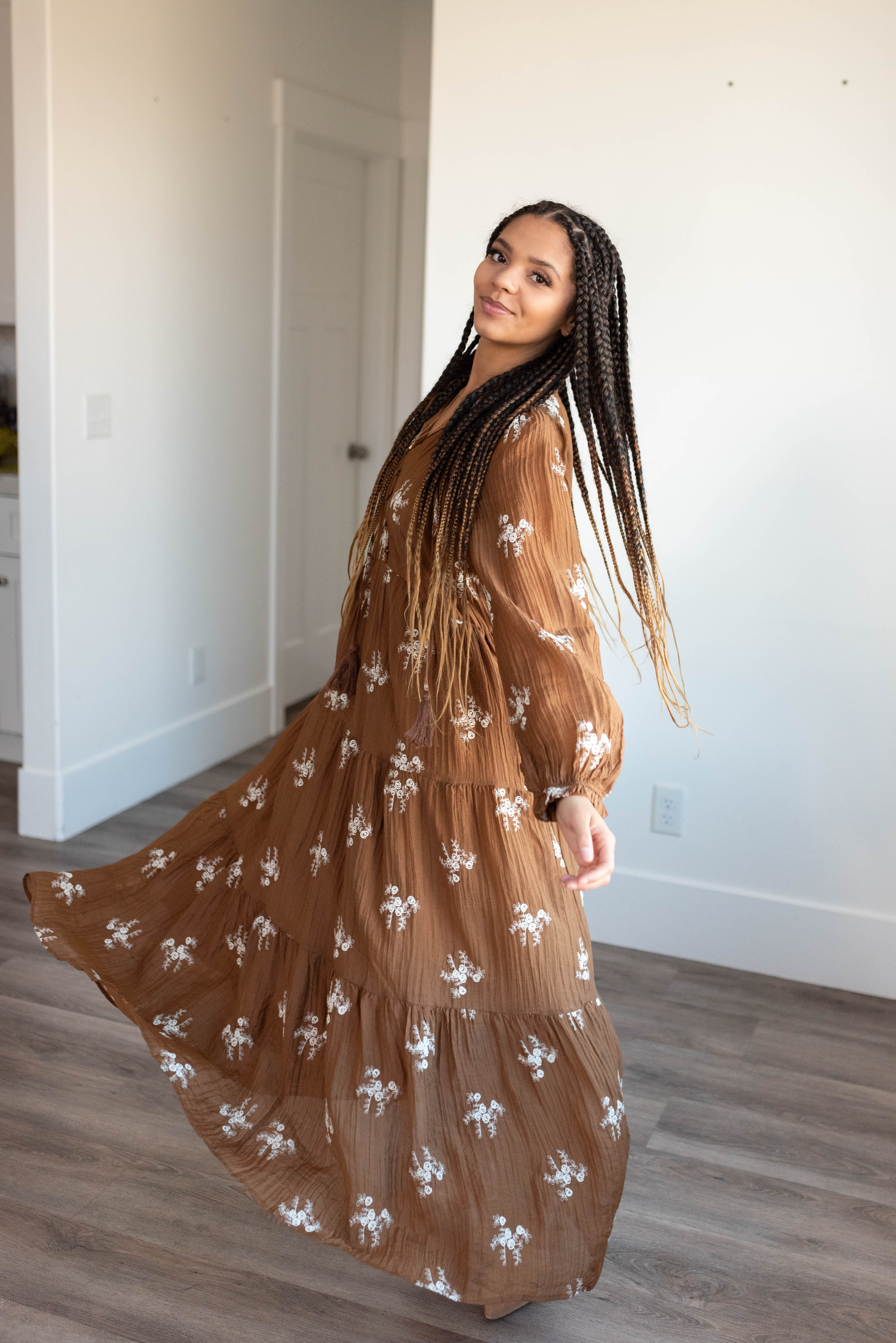 Luna Brown Embroidered Dress