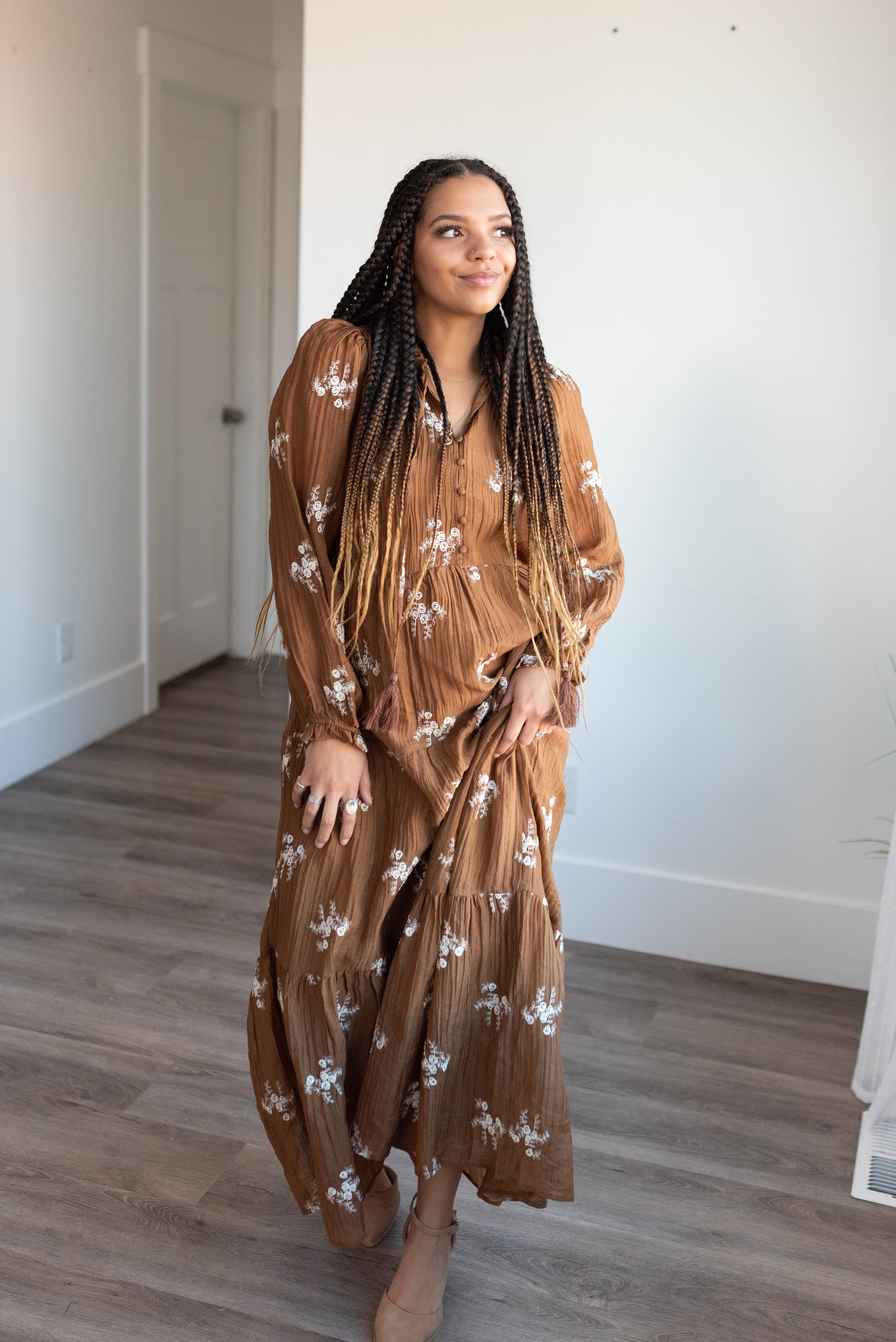 Luna Brown Embroidered Dress