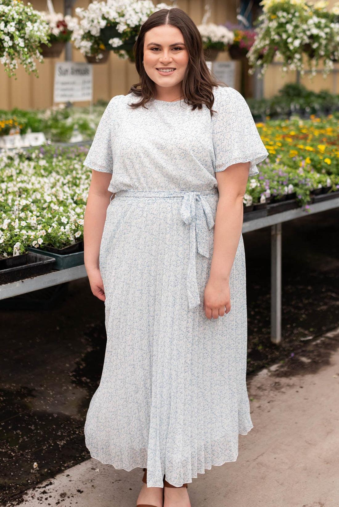 Lynda Ivory Blue Floral Pleated Dress