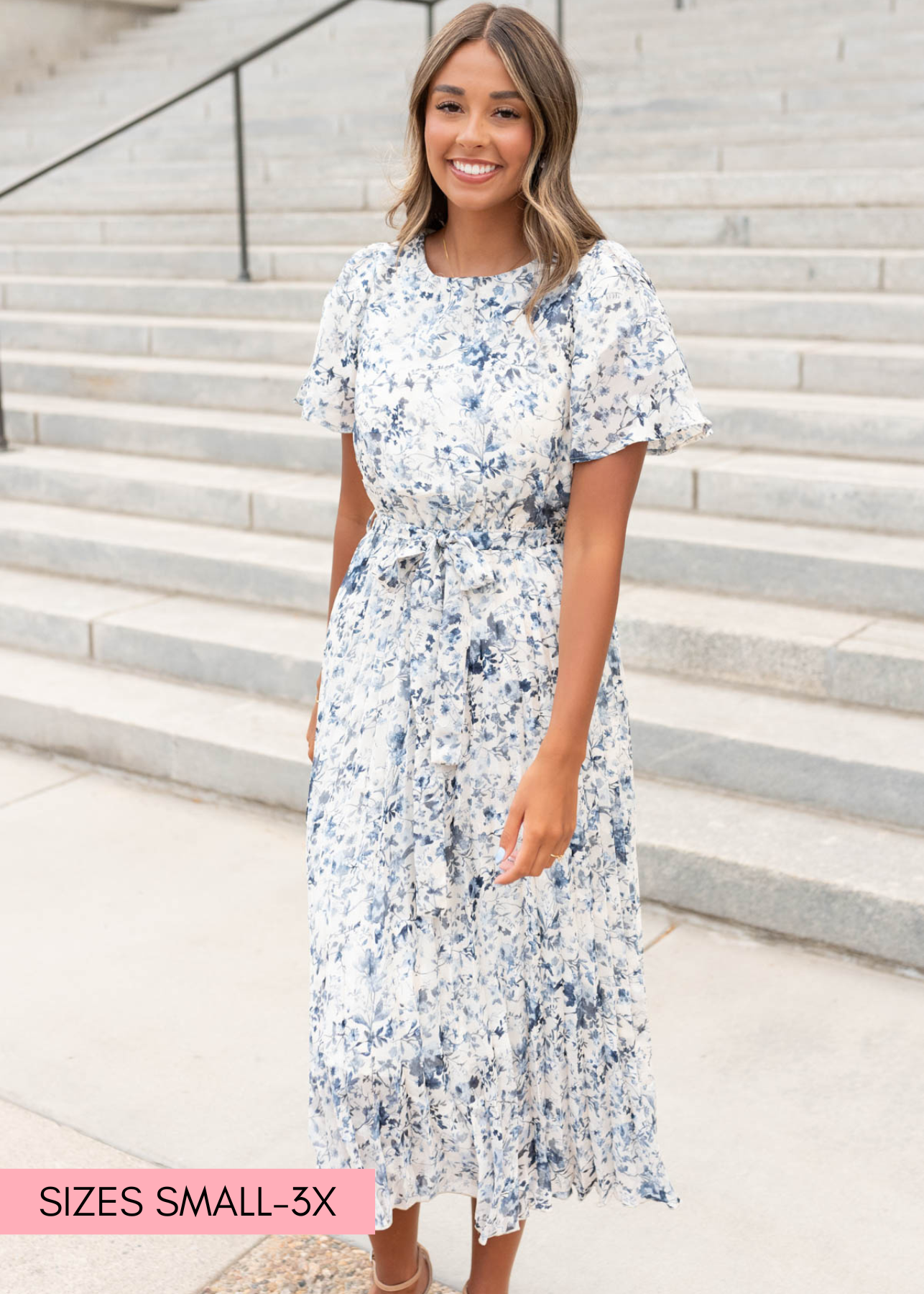 Lynne Blue Floral Pleated Dress