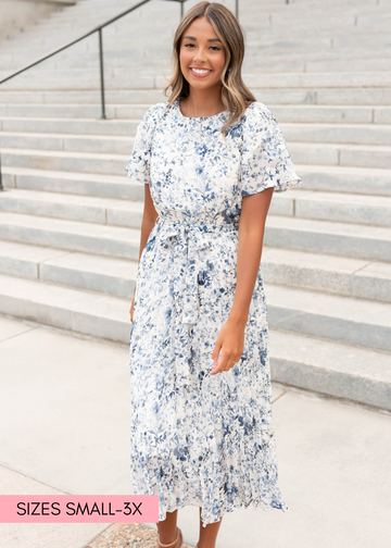 Lynne Blue Floral Pleated Dress