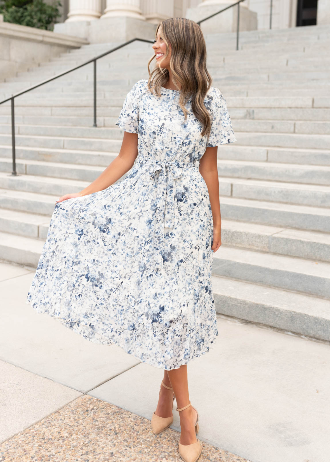 Lynne Blue Floral Pleated Dress