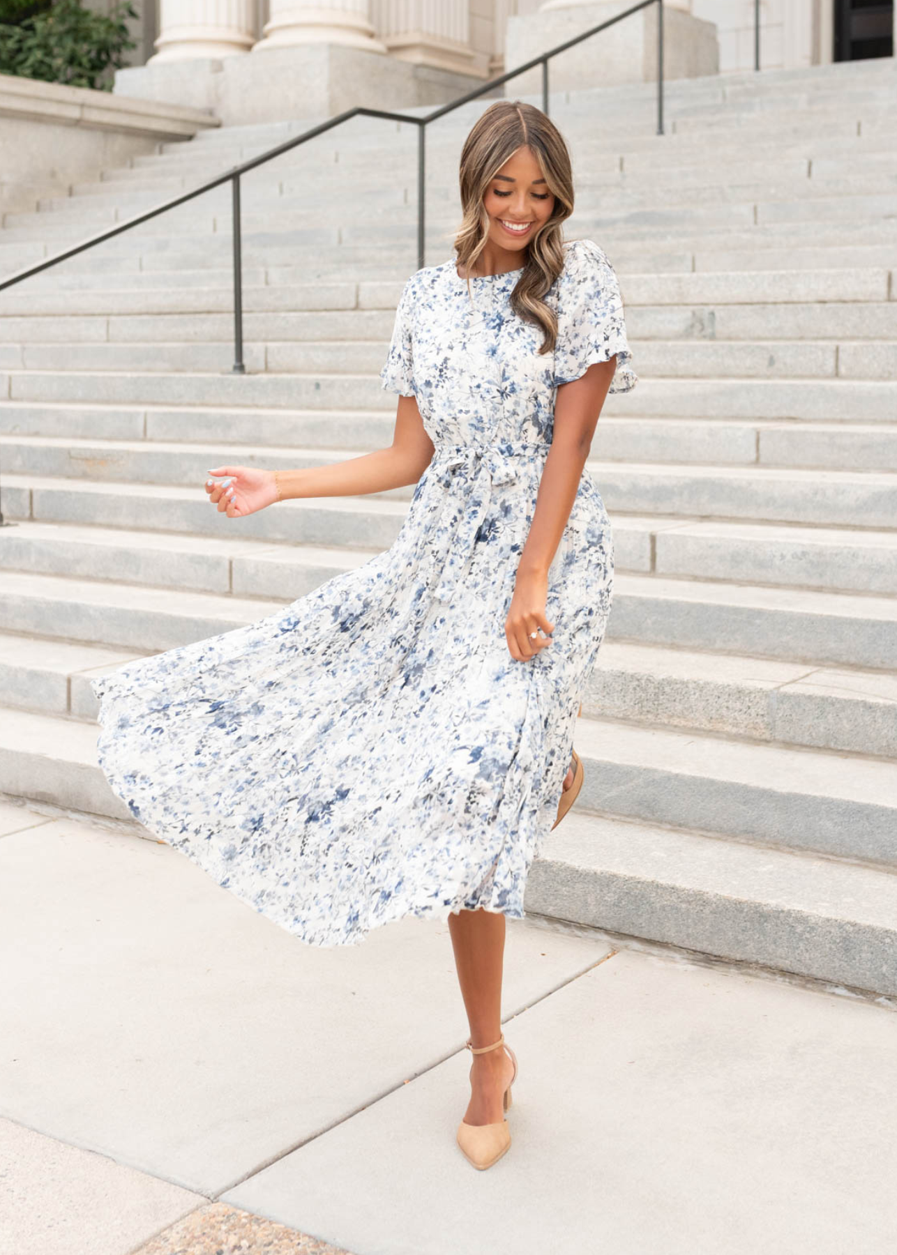 Lynne Blue Floral Pleated Dress