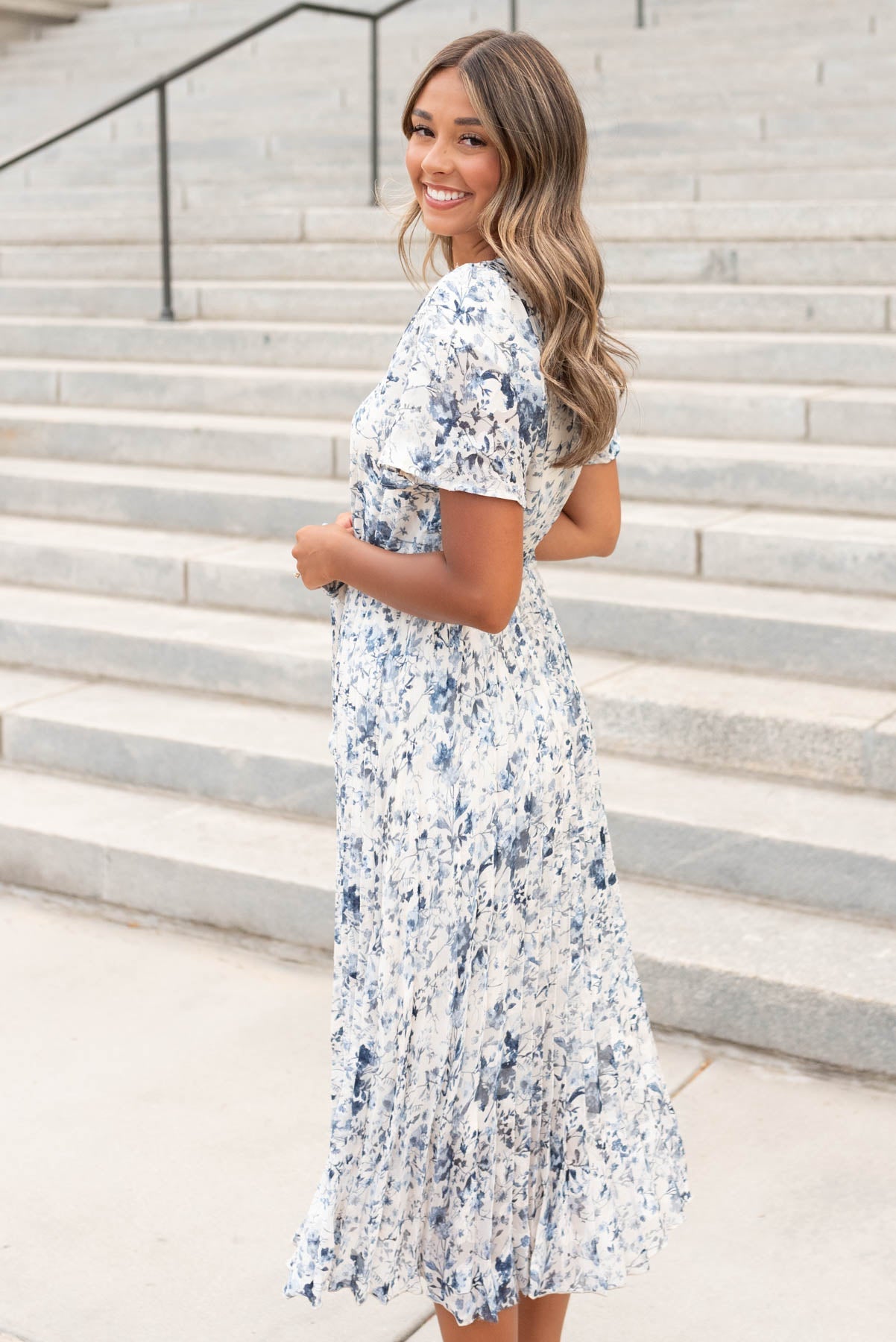 Lynne Blue Floral Pleated Dress