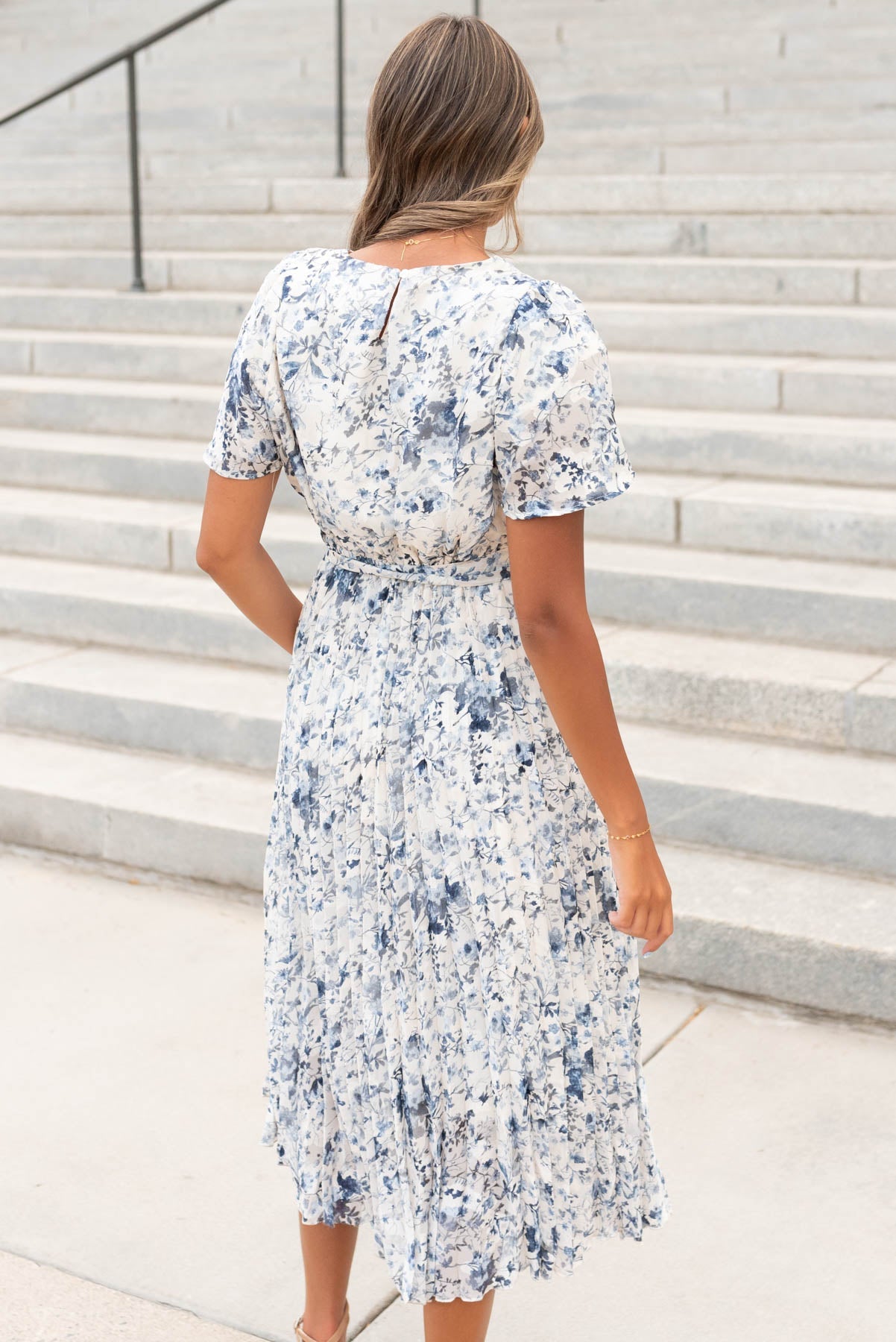 Lynne Blue Floral Pleated Dress