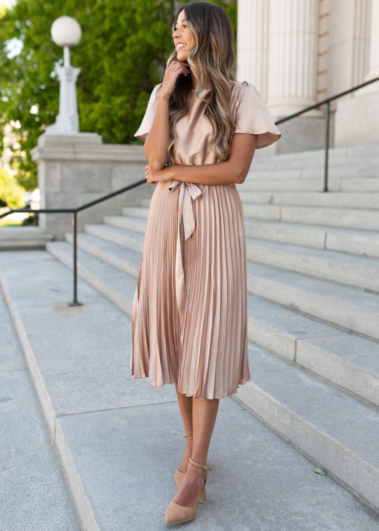 Lynnette Champagne Satin Pleat Dress