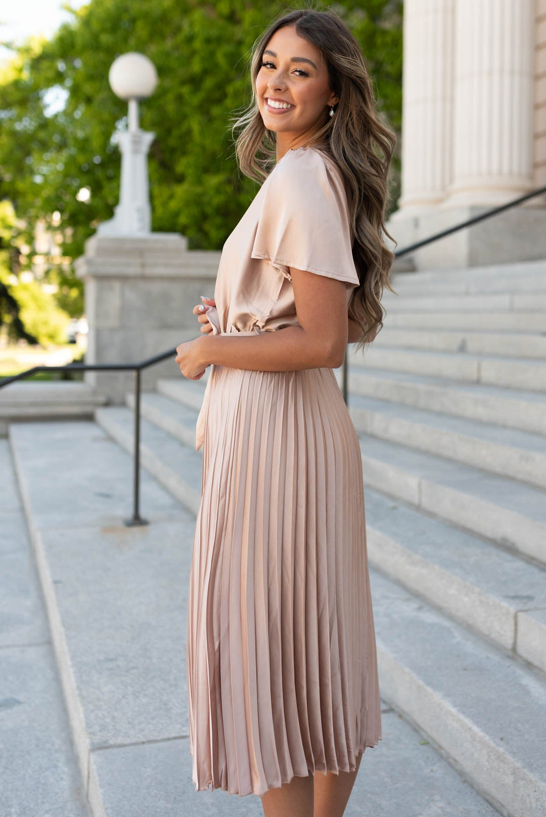 Lynnette Champagne Satin Pleat Dress