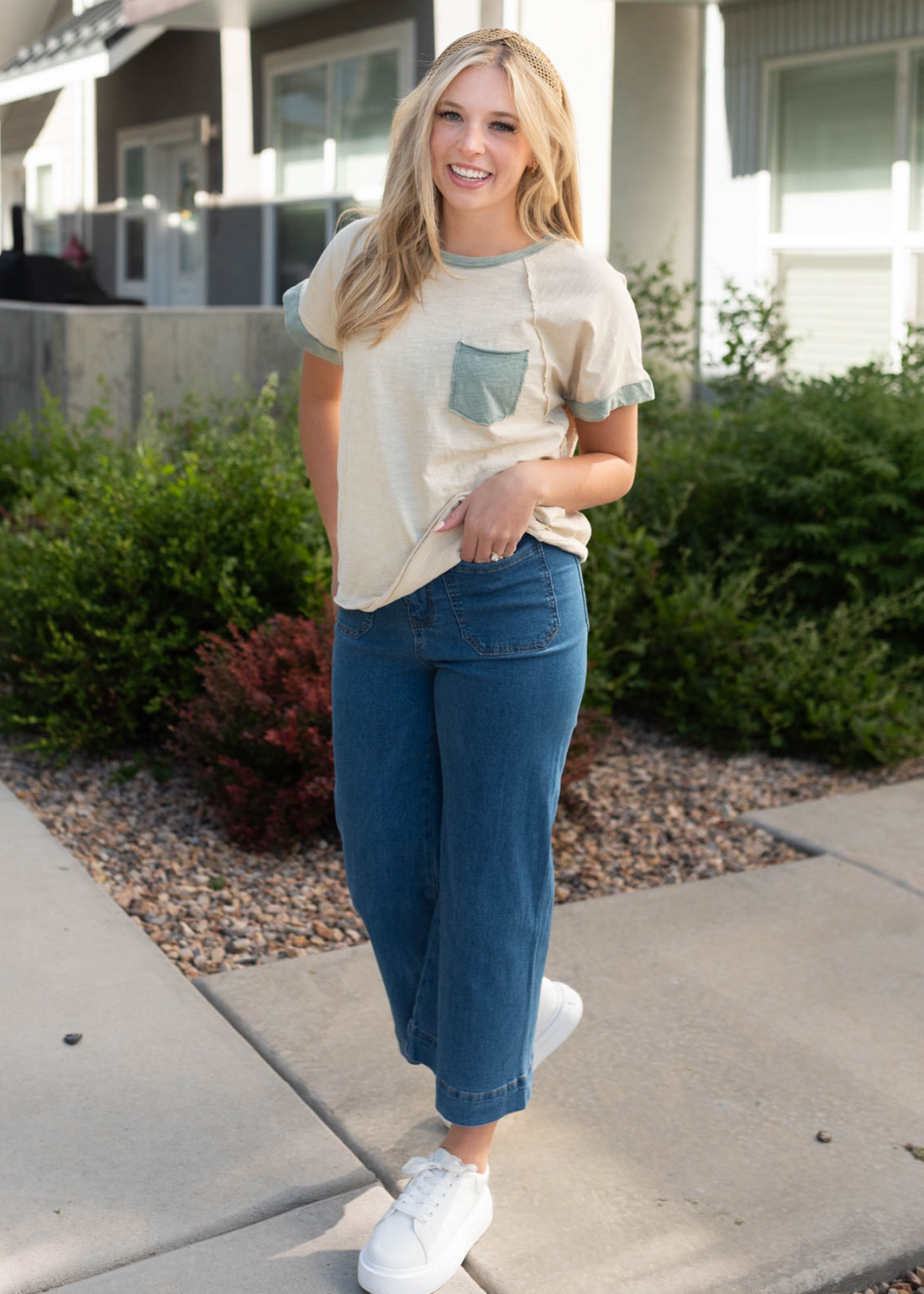 Macey Cream Sage Pocket Top