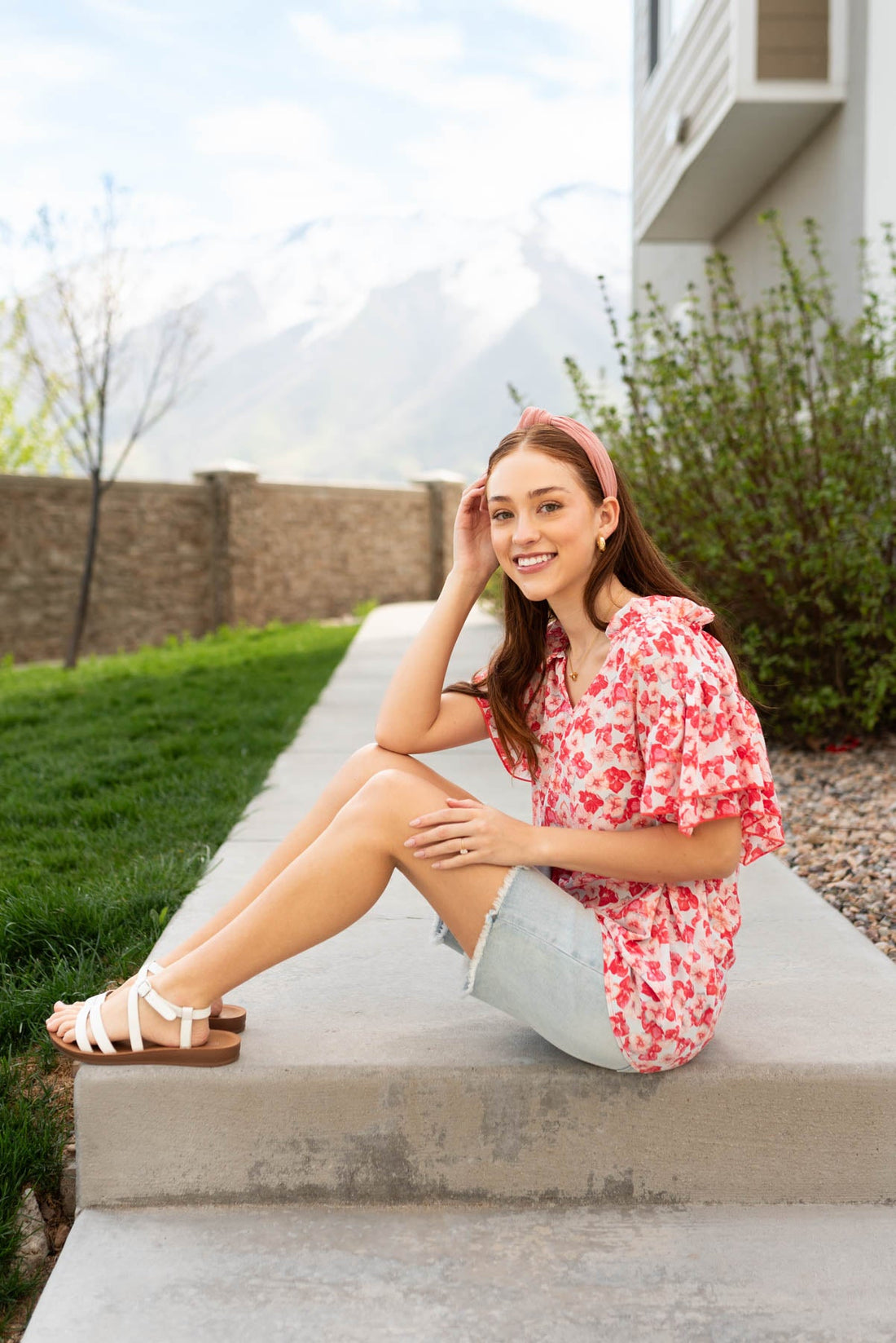 Maddie Pink Floral Ruffle Blouse