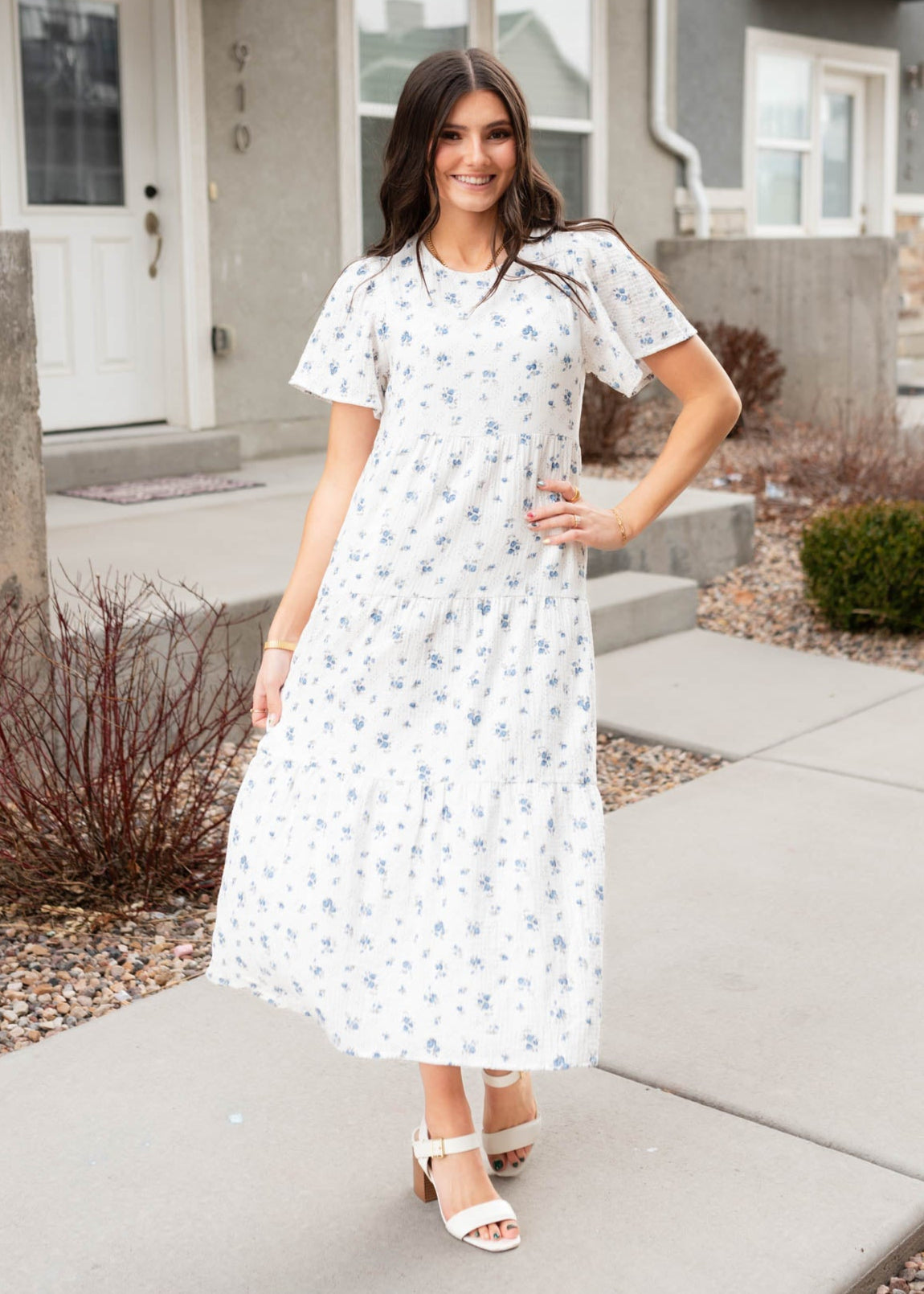 Madeline Blue Floral Guaze Tiered Dress