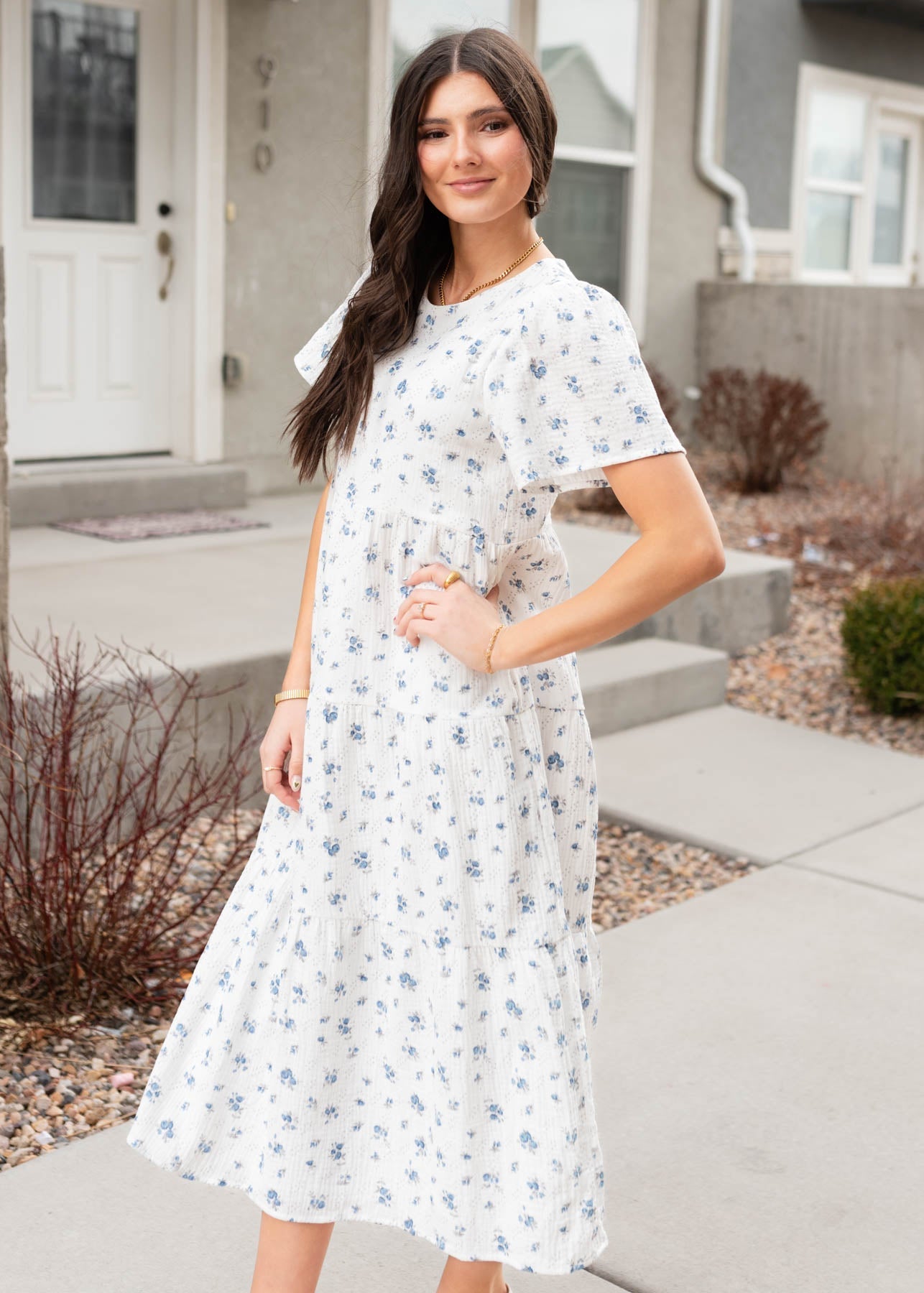 Madeline Blue Floral Guaze Tiered Dress