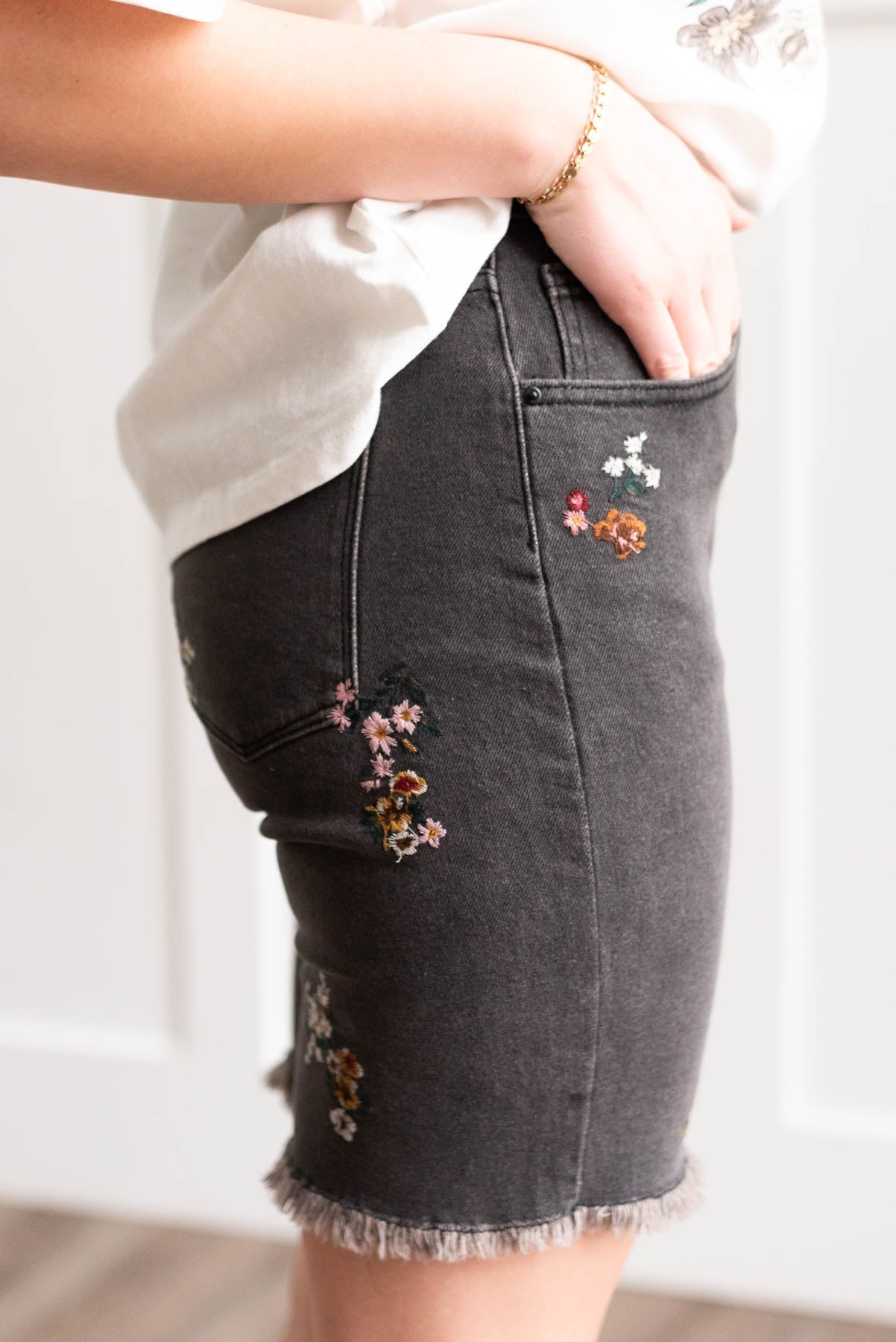 Mae Black Floral Embroidered Shorts