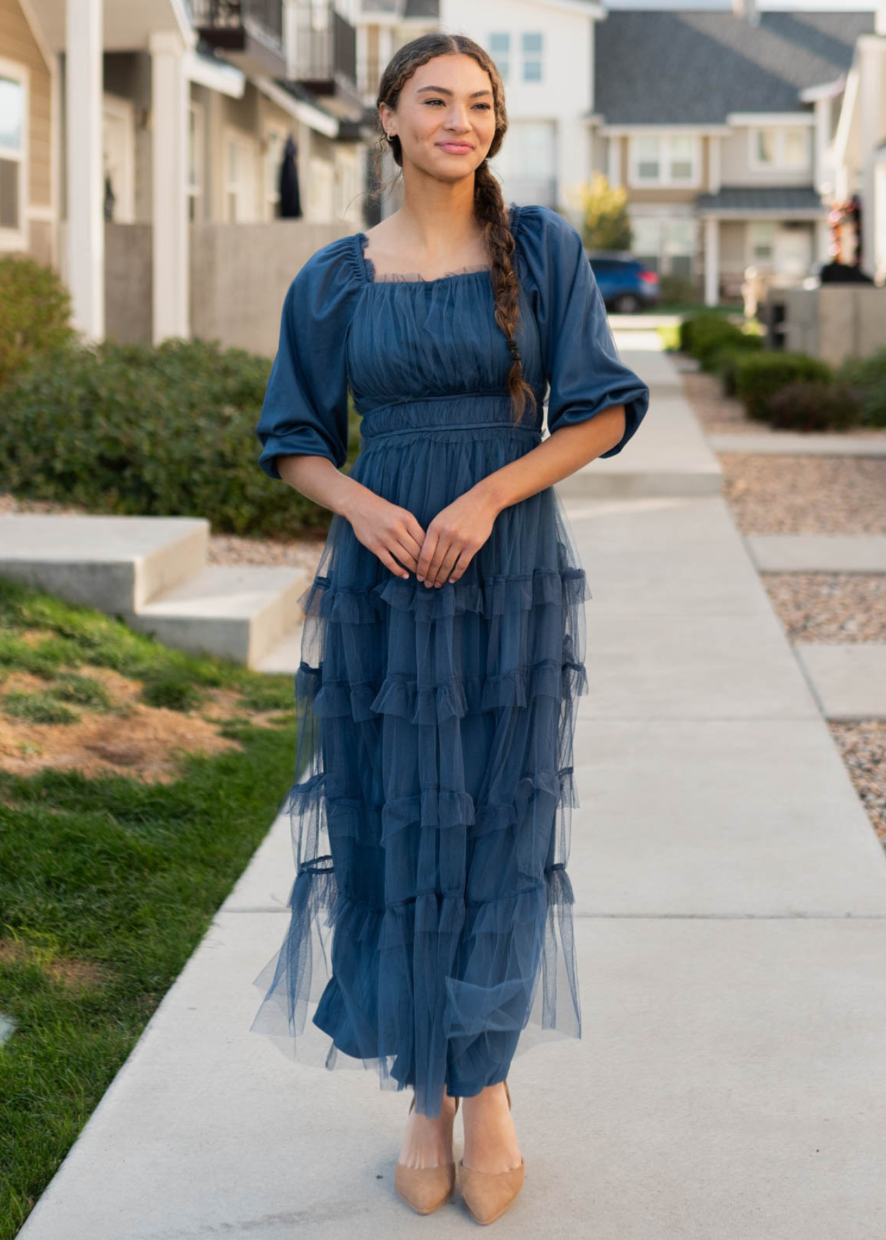 Marci Navy Long Sleeve Ruffle Dress