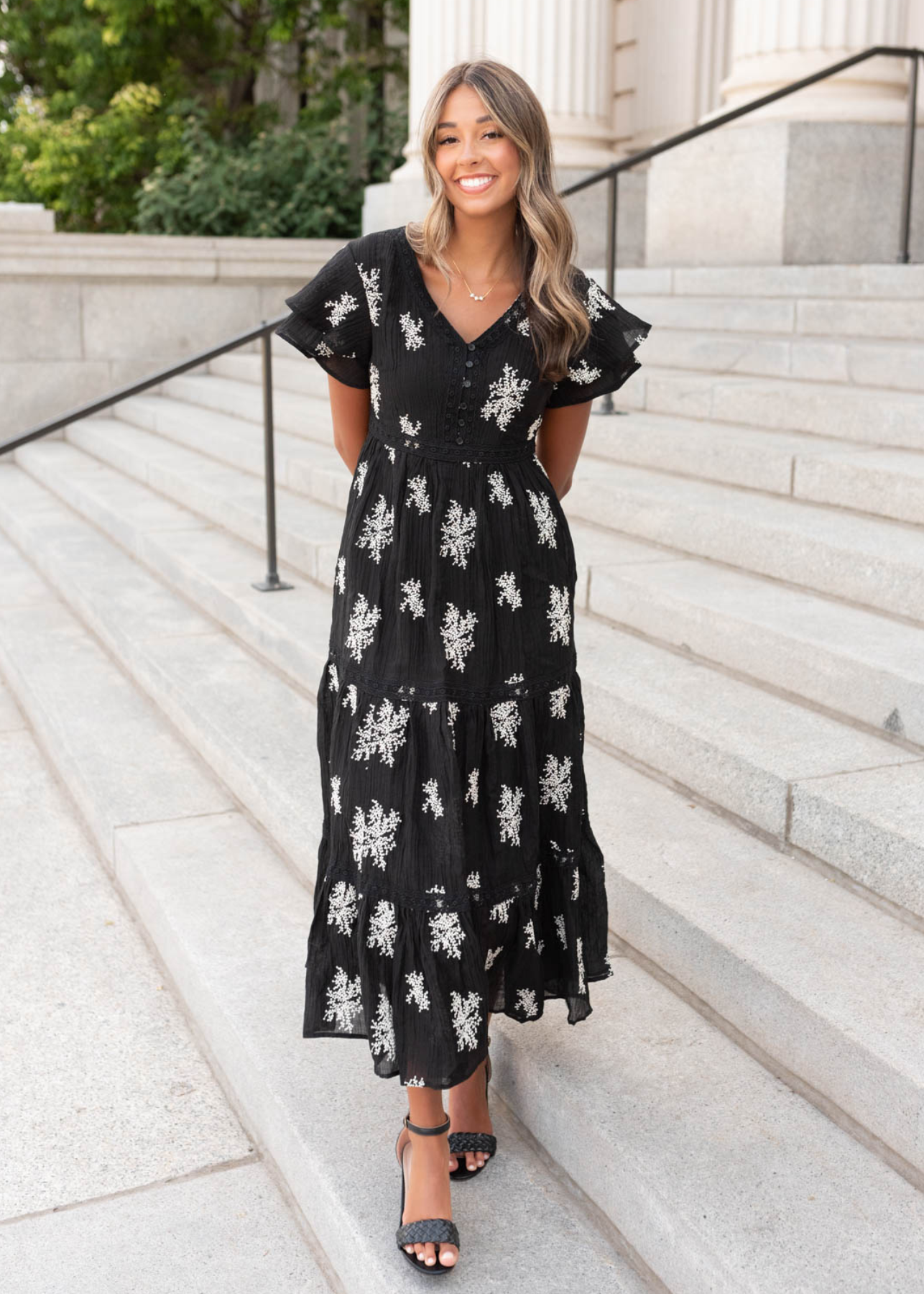 Mckenna Black Embroidered Tiered Dress