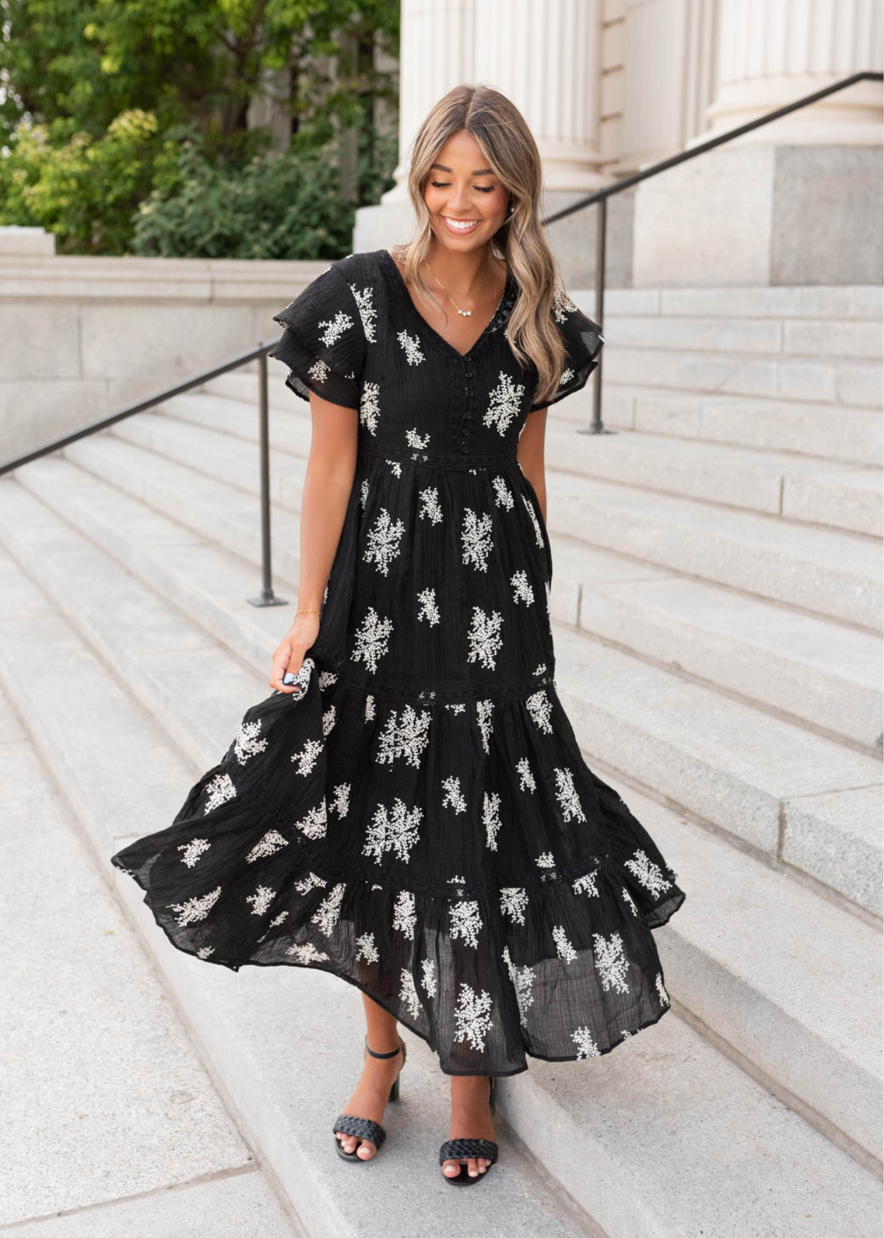 Mckenna Black Embroidered Tiered Dress