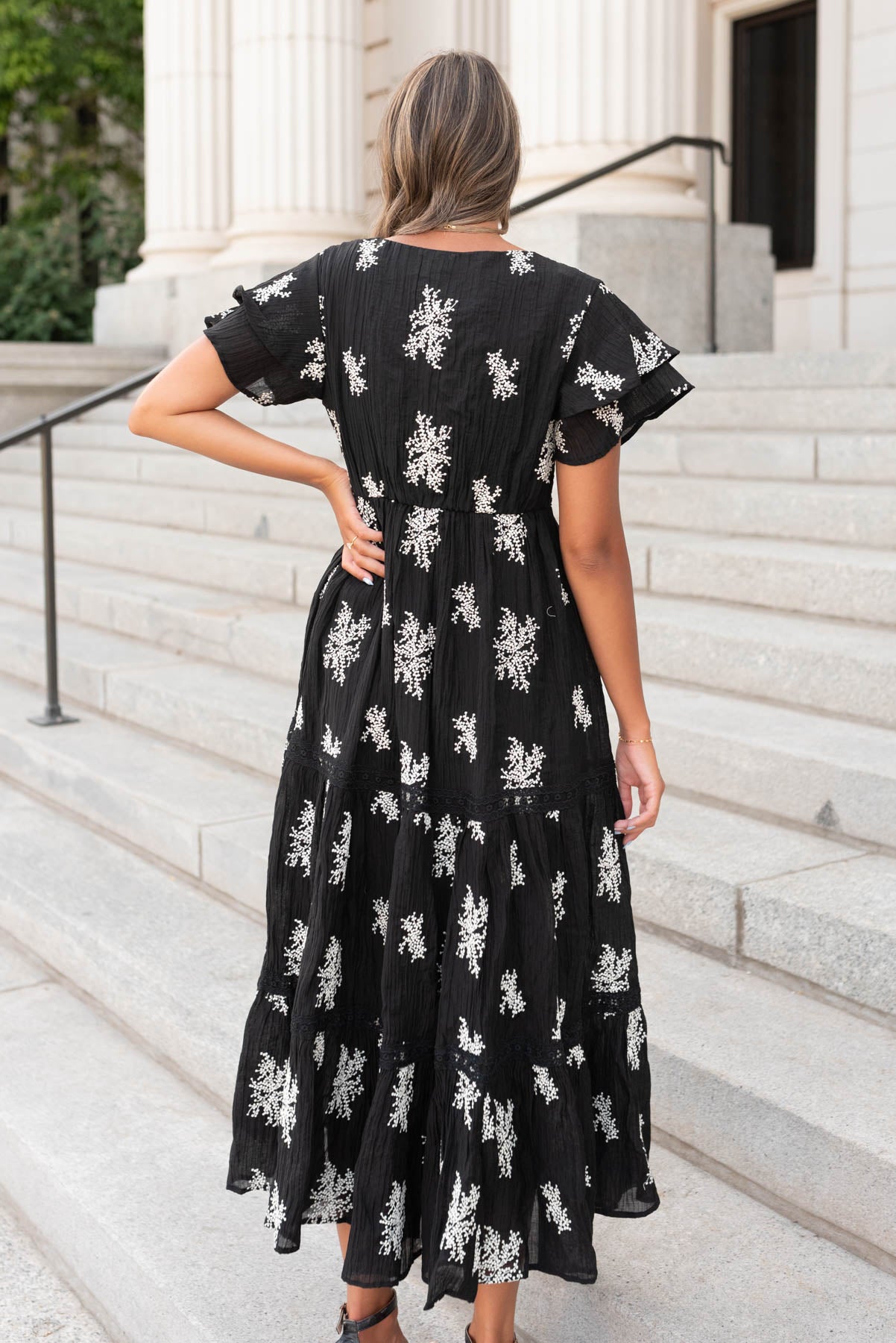 Mckenna Black Embroidered Tiered Dress