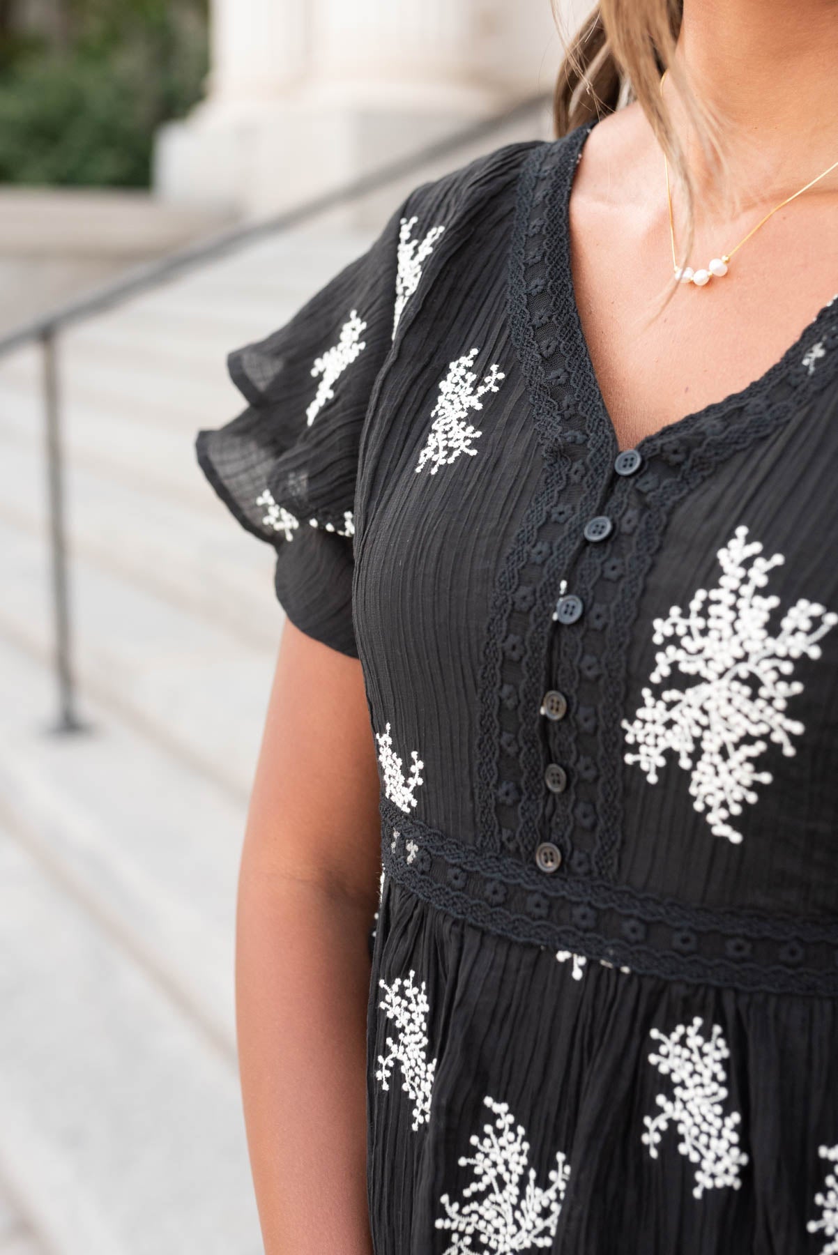 Mckenna Black Embroidered Tiered Dress