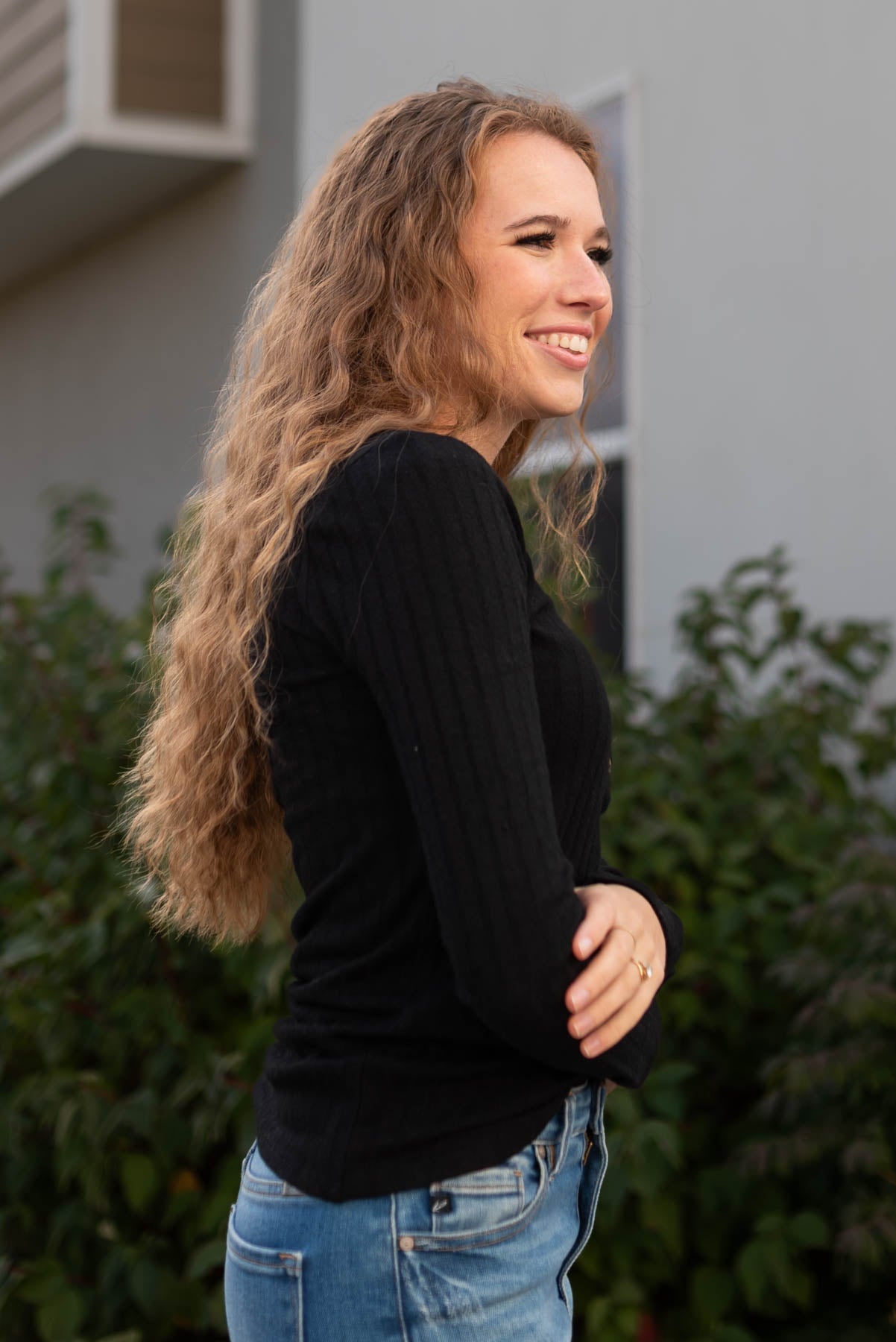 Mirabel Black Ribbed Long Sleeve Top