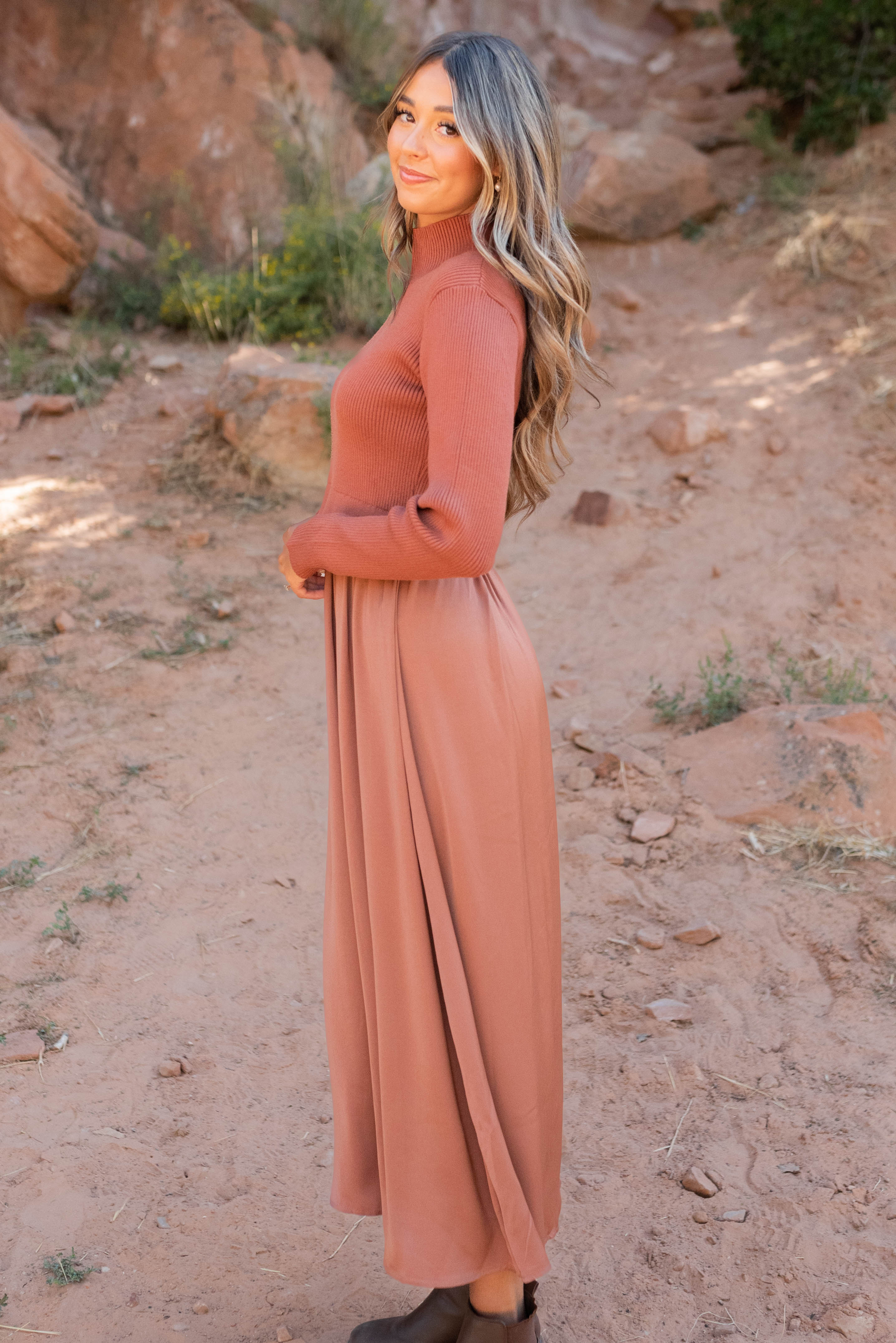 Mollie Chestnut Satin Sweater Dress