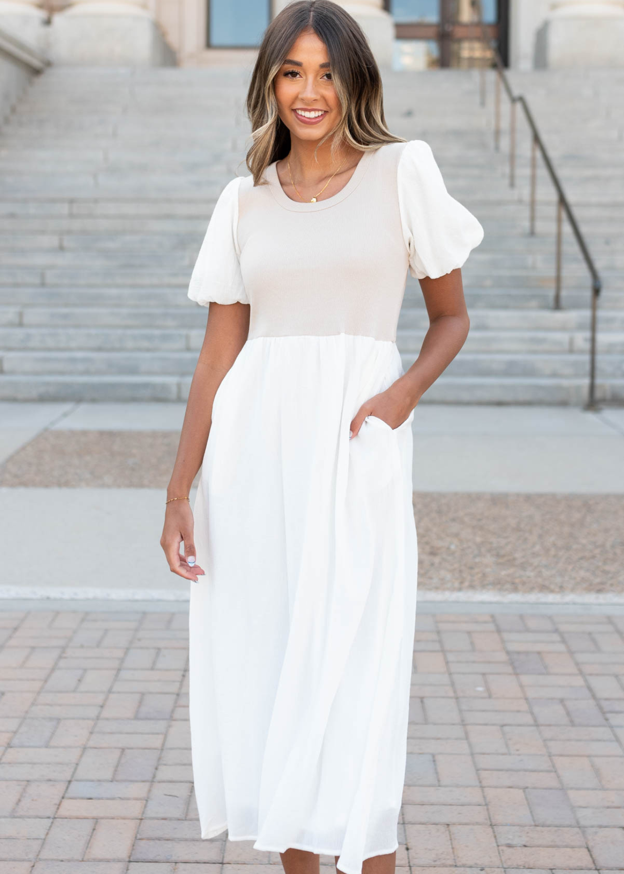 Nancy Ivory Knit Bodice Dress
