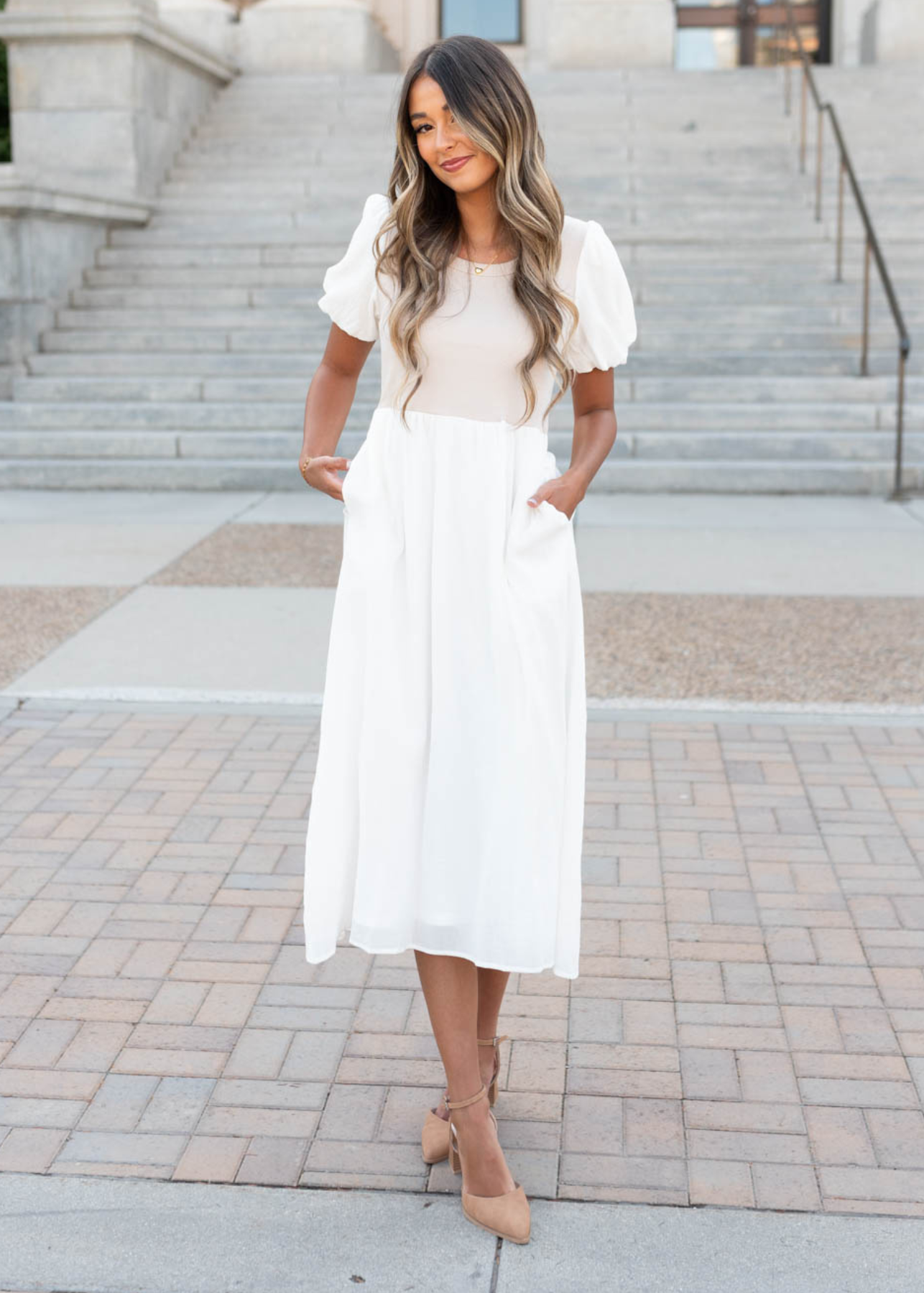 Nancy Ivory Knit Bodice Dress