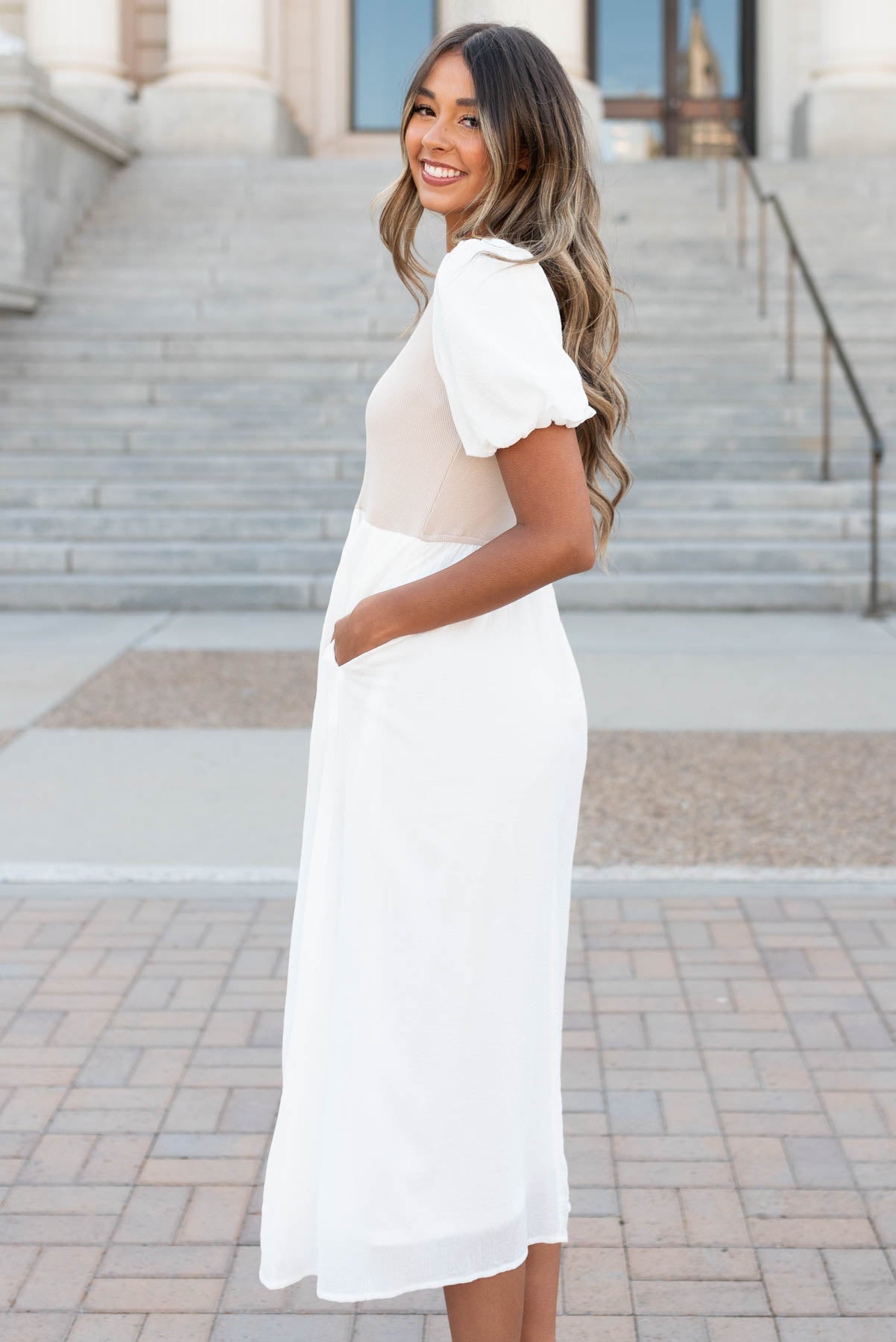 Nancy Ivory Knit Bodice Dress