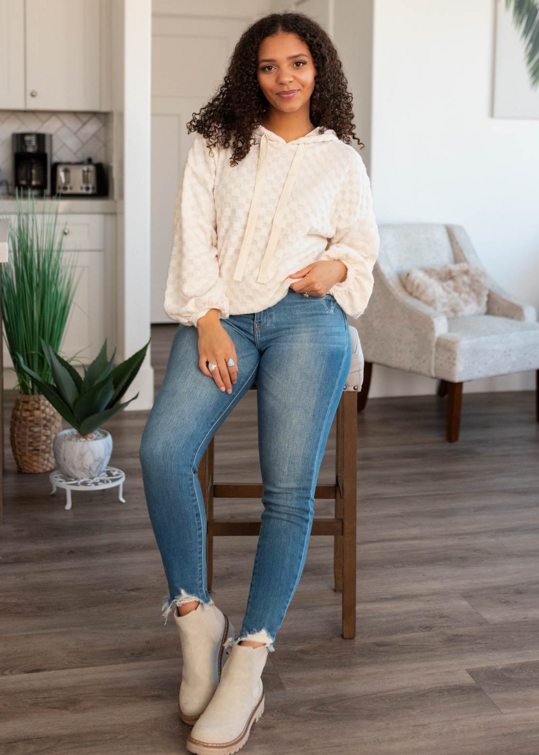 Naomi Ivory Fuzzy Checkered Sweater