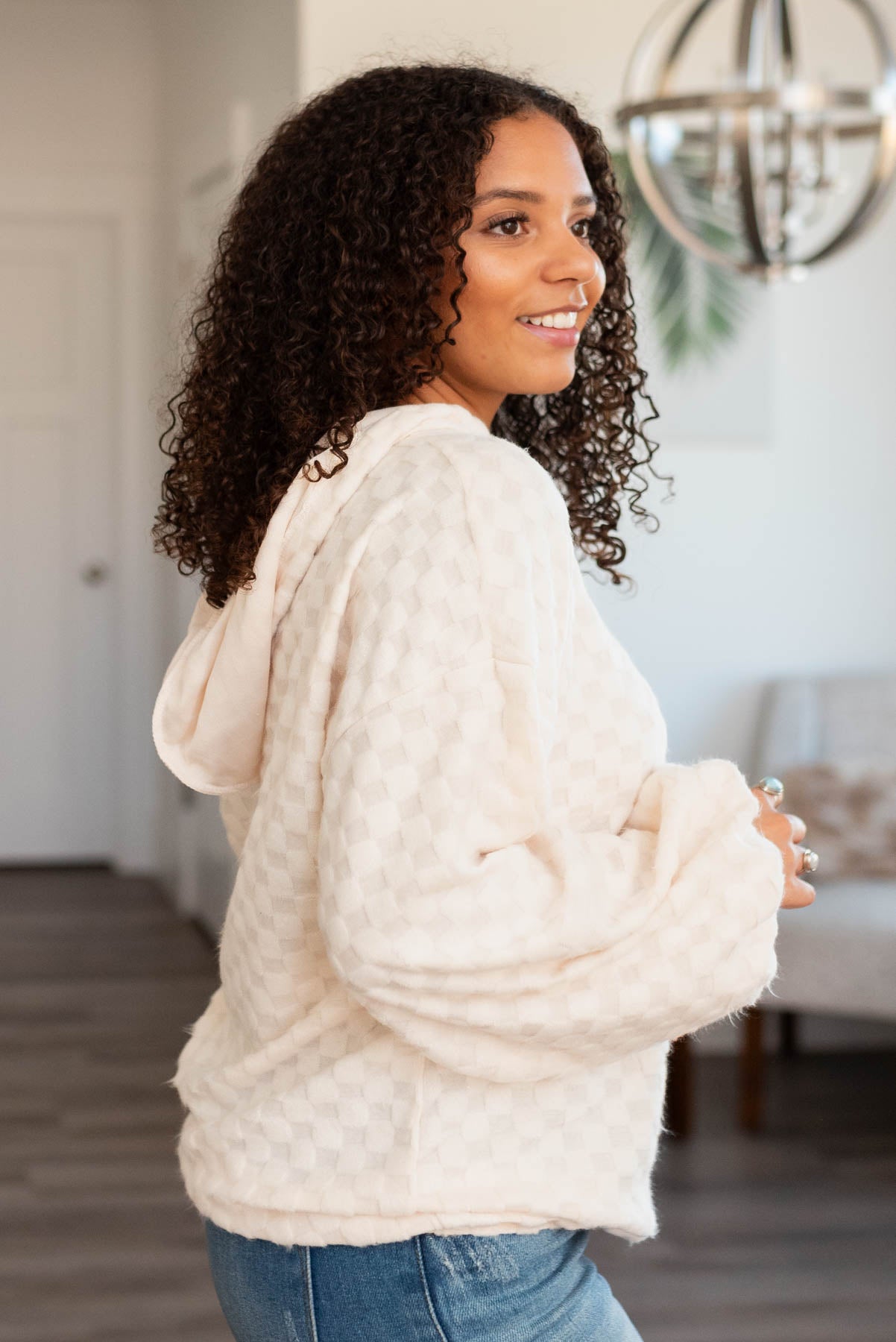 Naomi Ivory Fuzzy Checkered Sweater