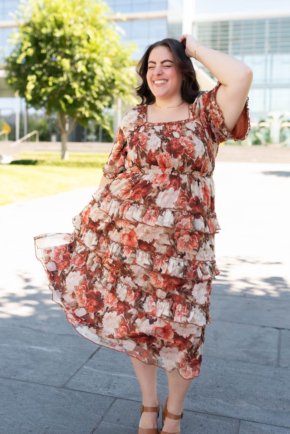 Natasha Rust Floral Ruffle Dress