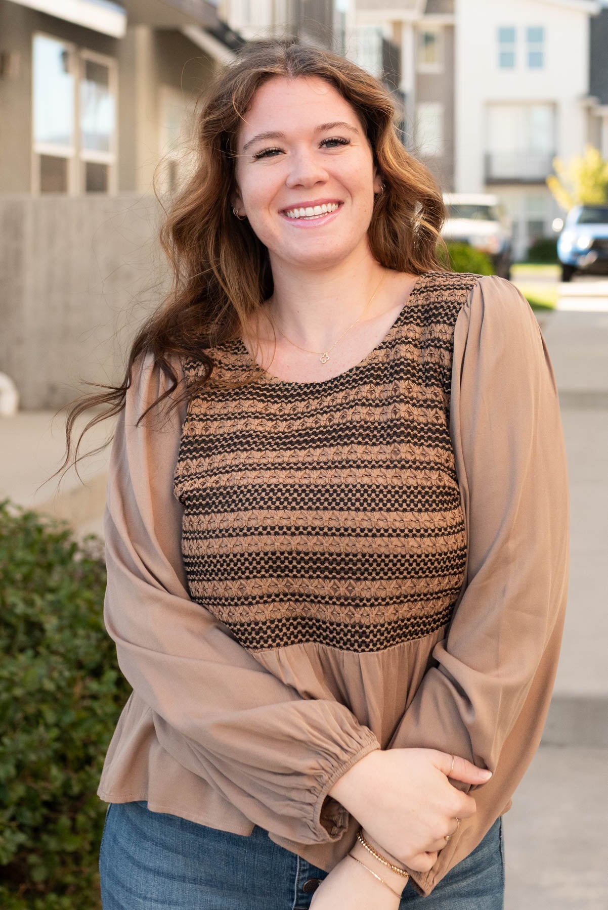 Prescilla Mocha Crochet Stripe Top