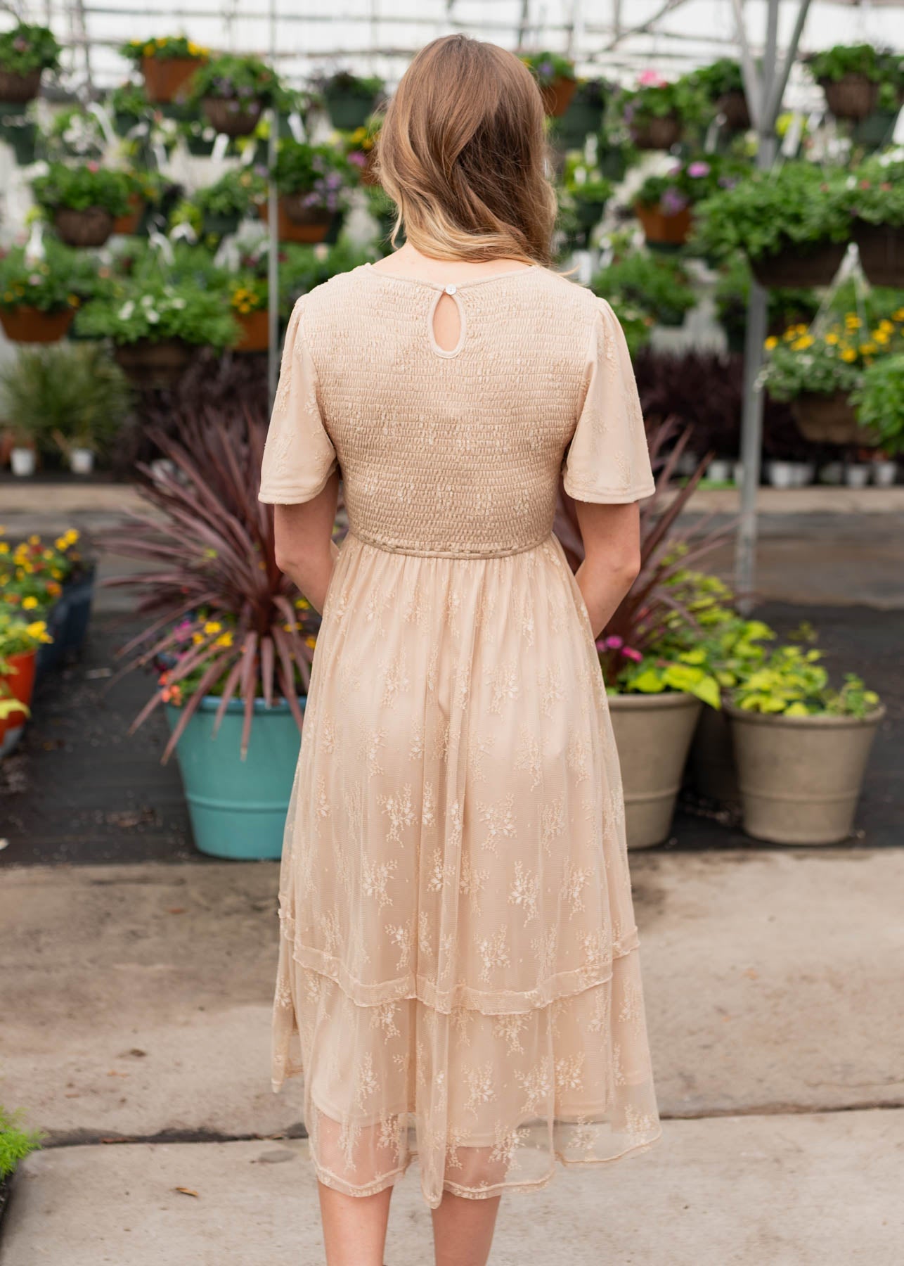 Quinn Beige Smocked Lace Dress