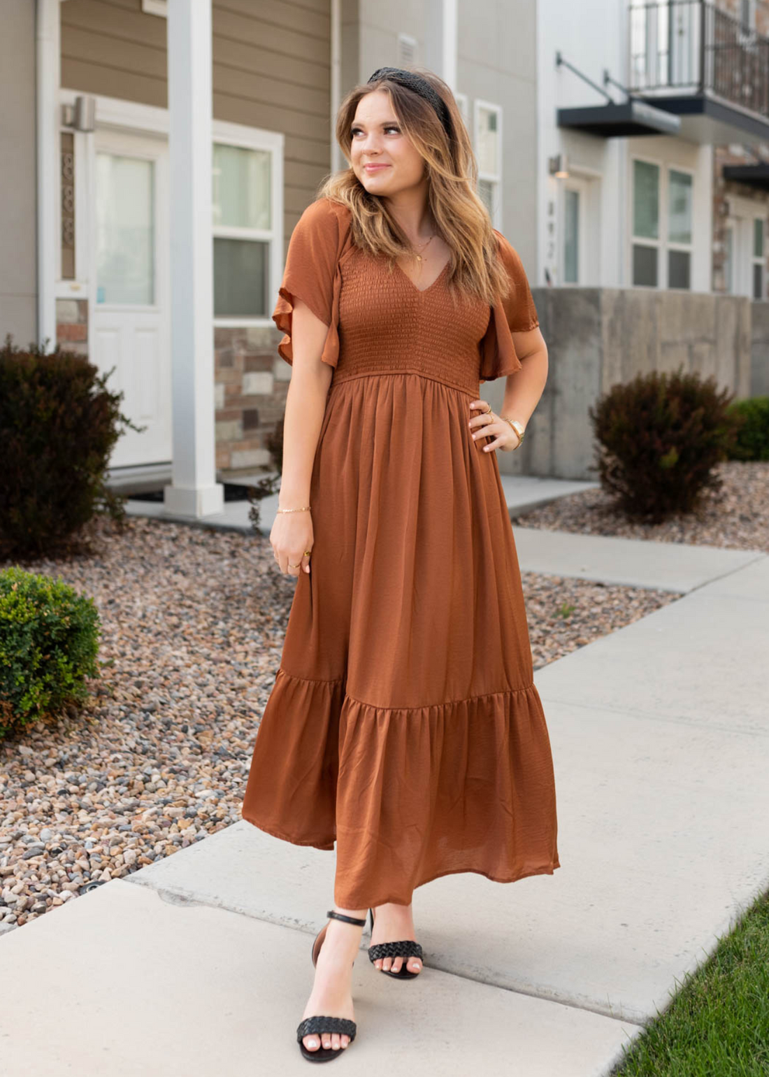 Raelyn Sepia Satin Dress