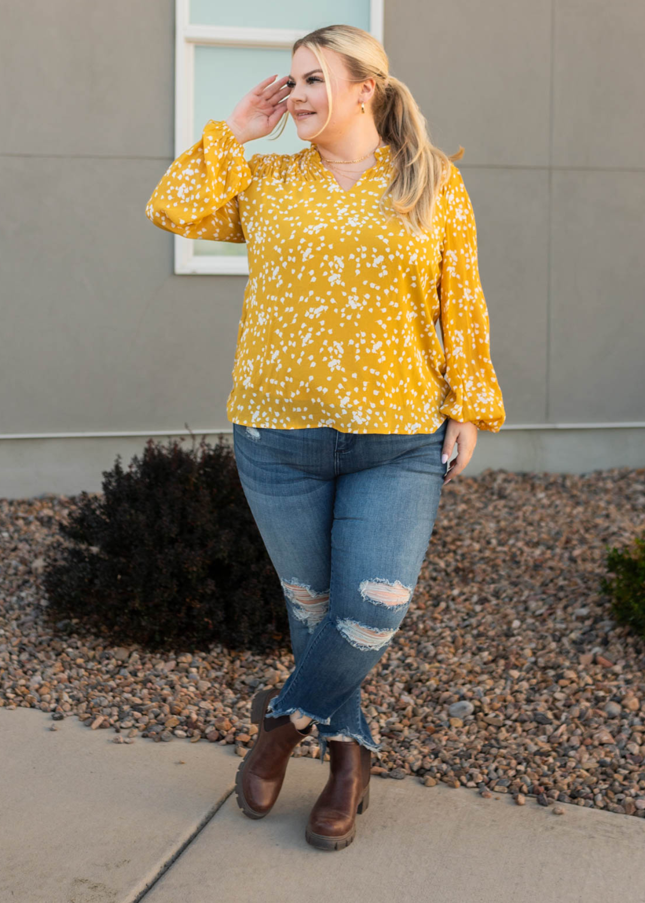 Ranae Mustard Ruffle Blouse