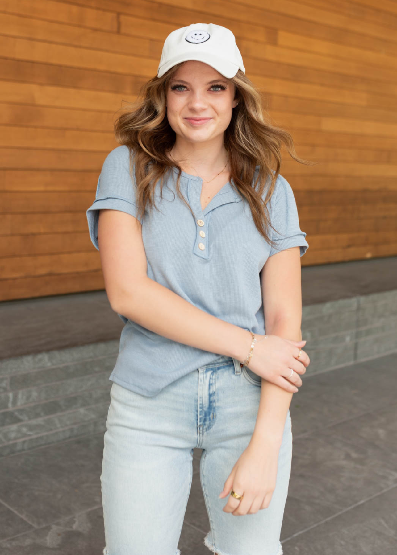 Robin Vintage Blue Waffle Knit Top