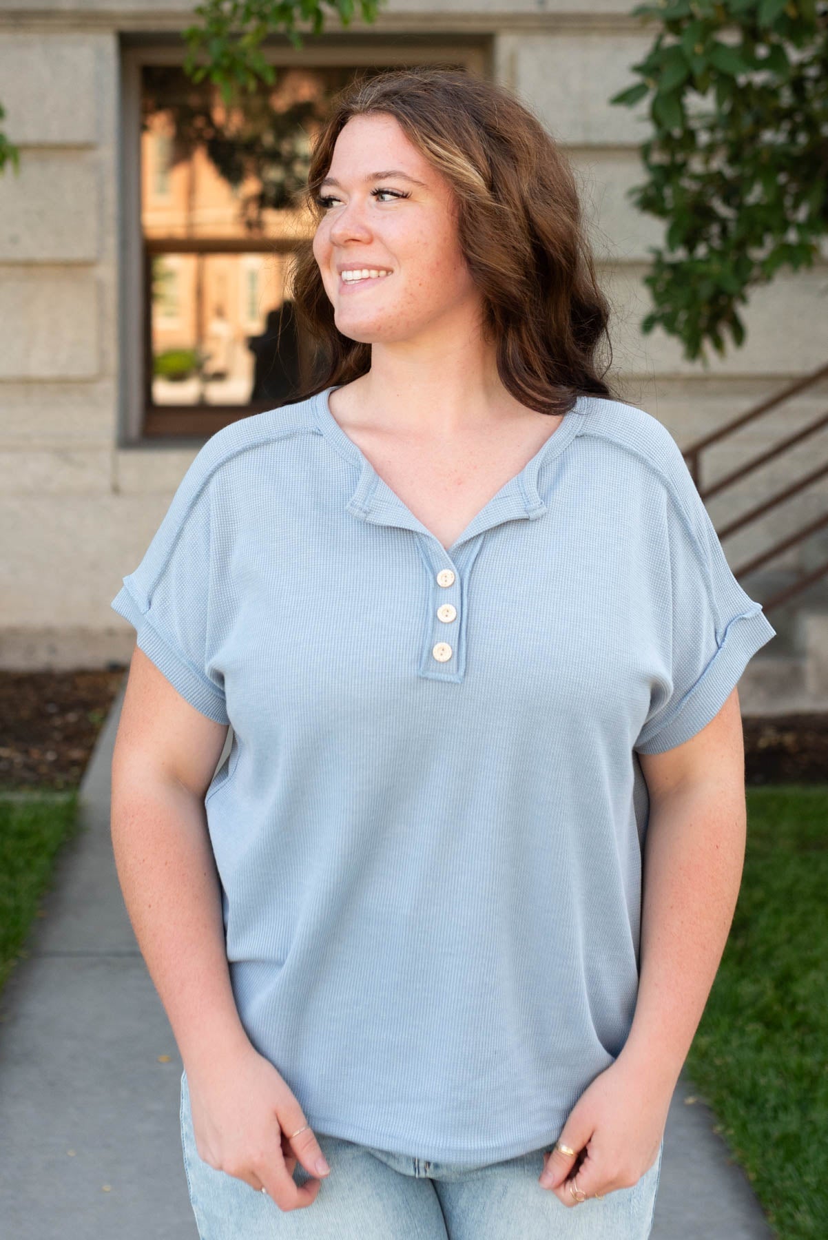 Robin Vintage Blue Waffle Knit Top