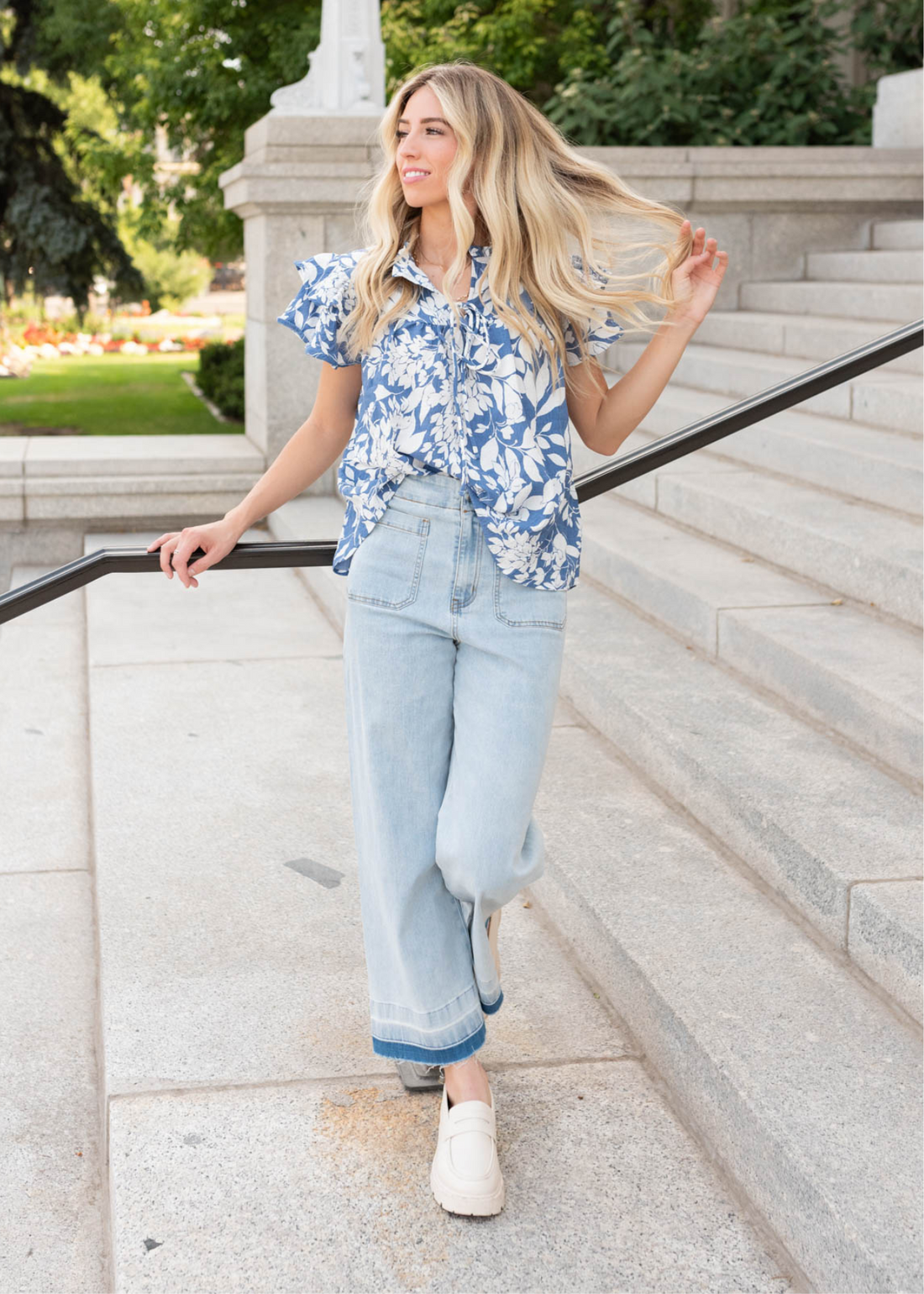 Ryan Blue Floral Ruffle Top
