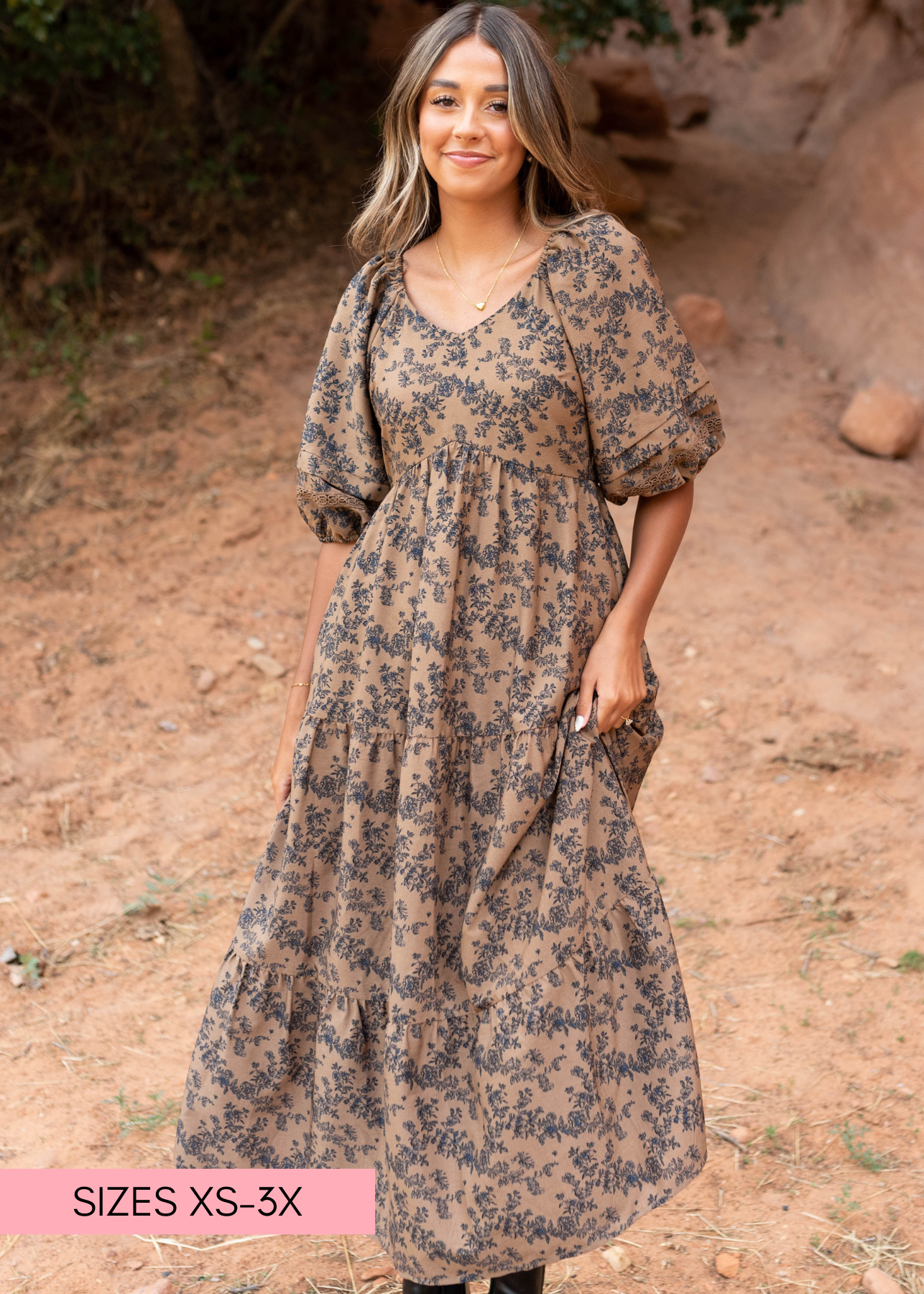 Savannah Brown Floral Tiered Dress
