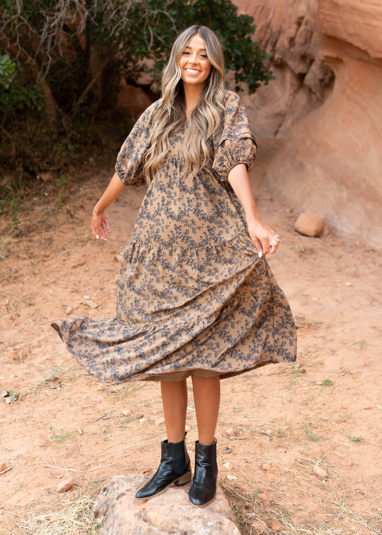 Savannah Brown Floral Tiered Dress