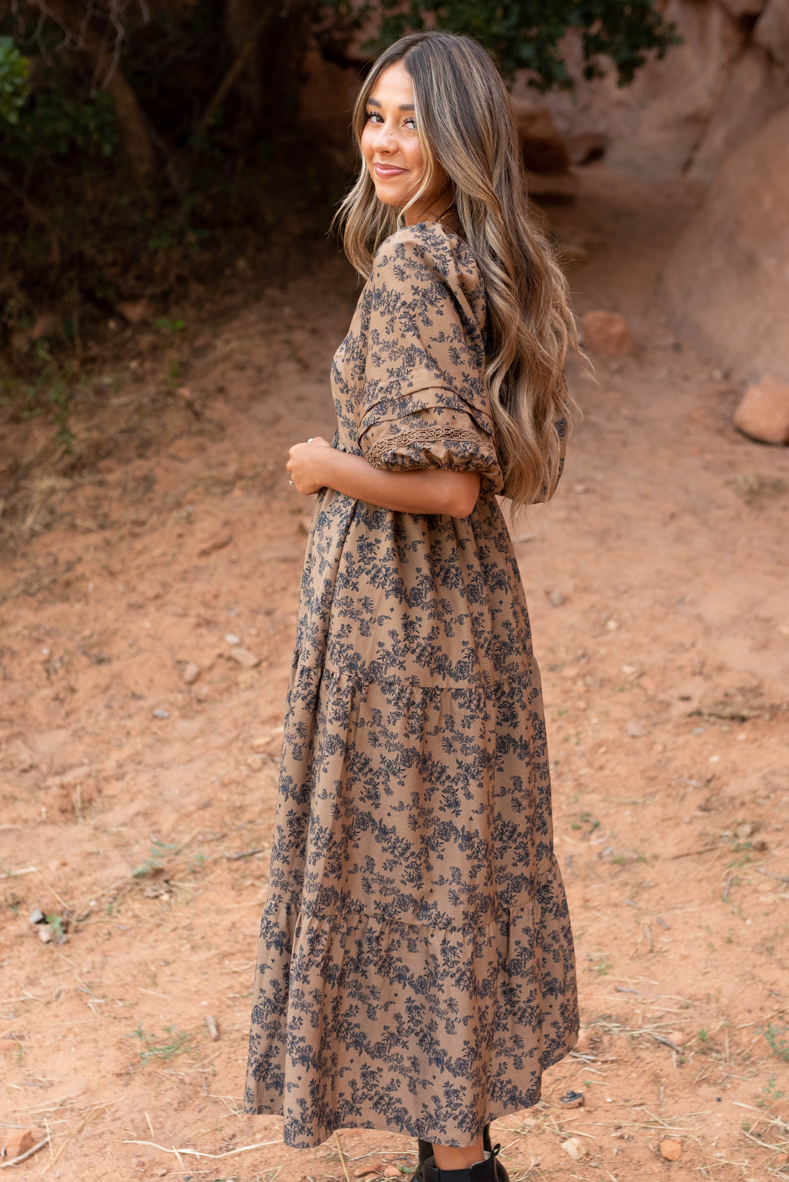 Savannah Brown Floral Tiered Dress
