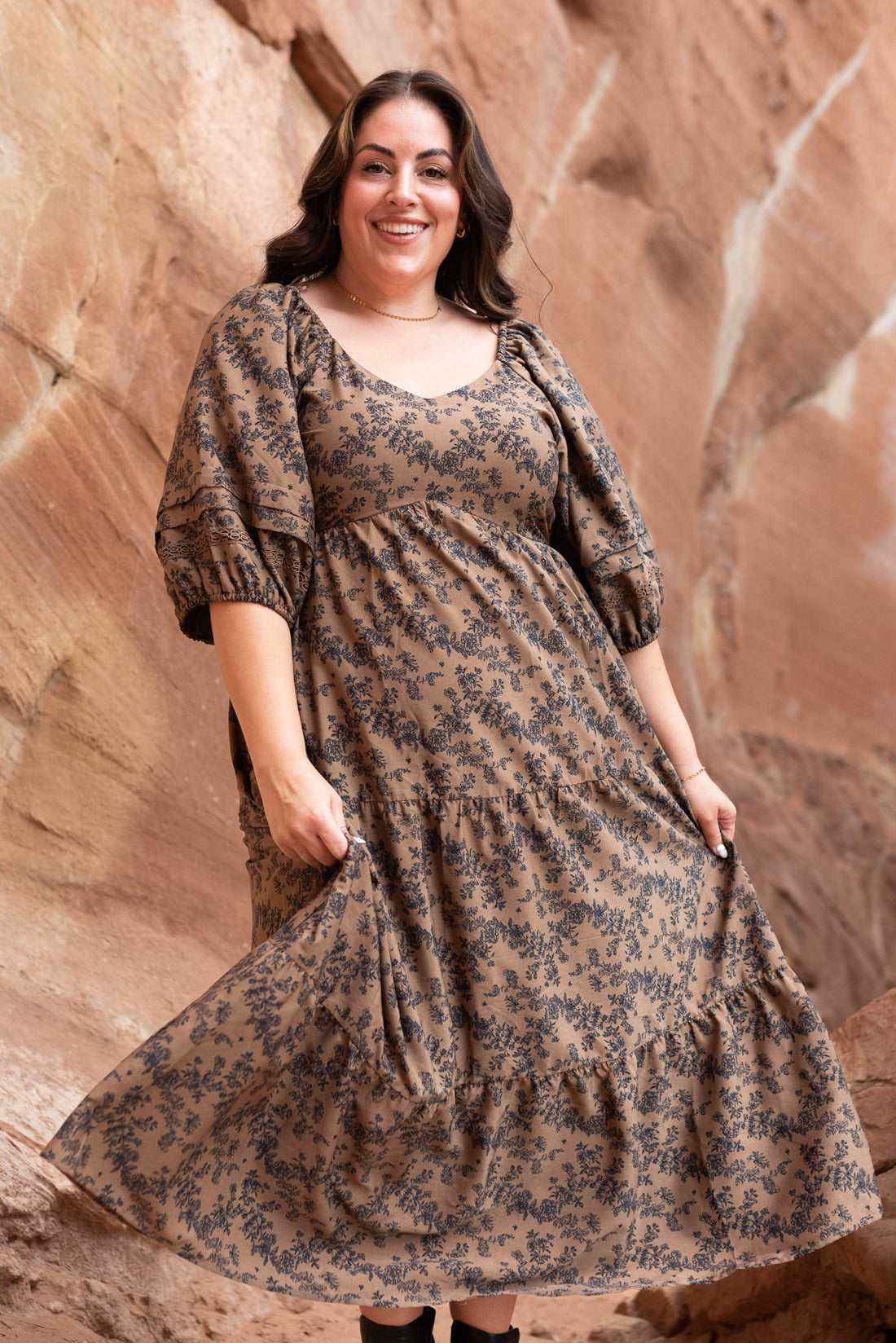 Savannah Brown Floral Tiered Dress