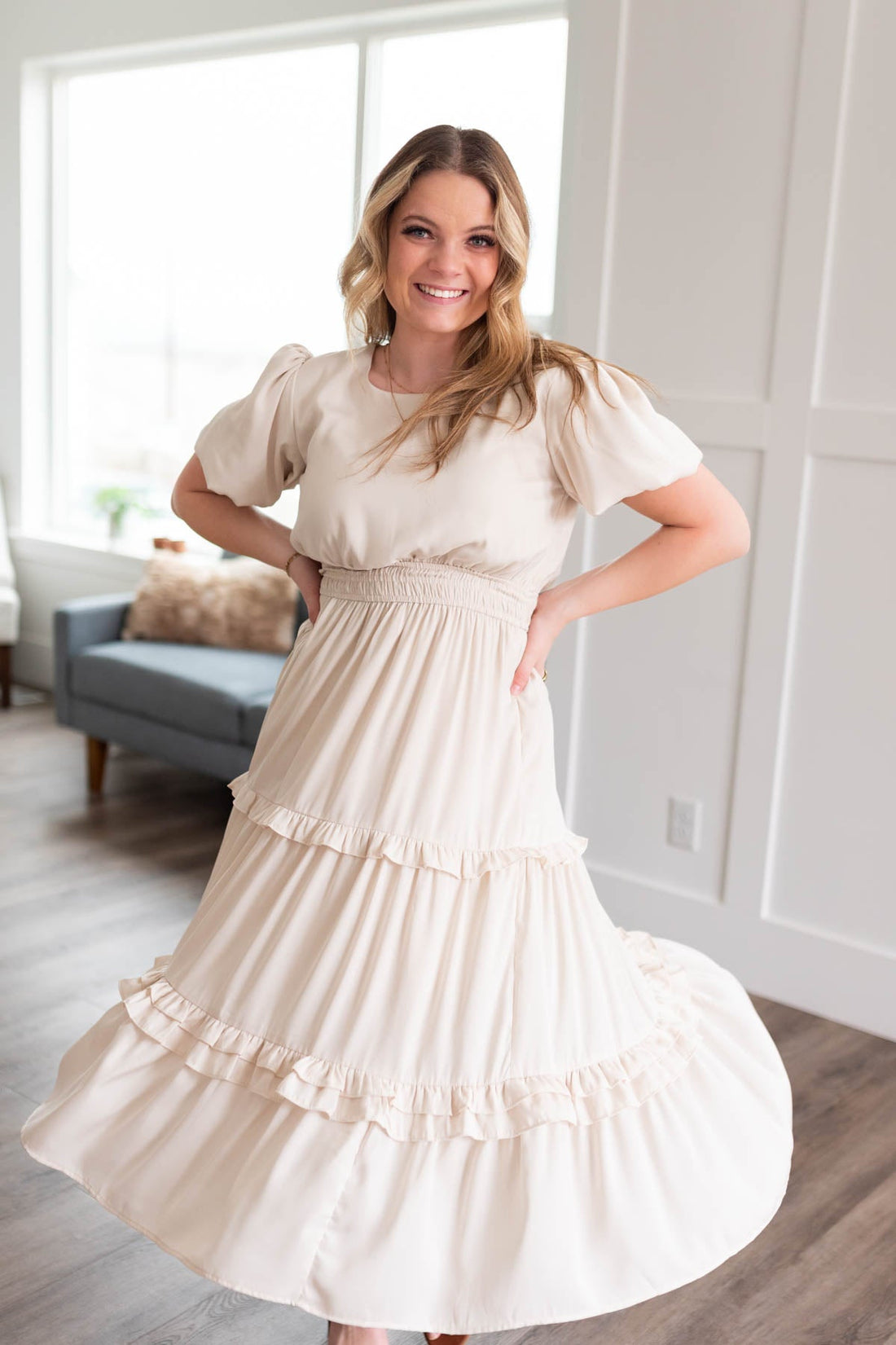 Saylor Ivory Satin Ruffle Dress